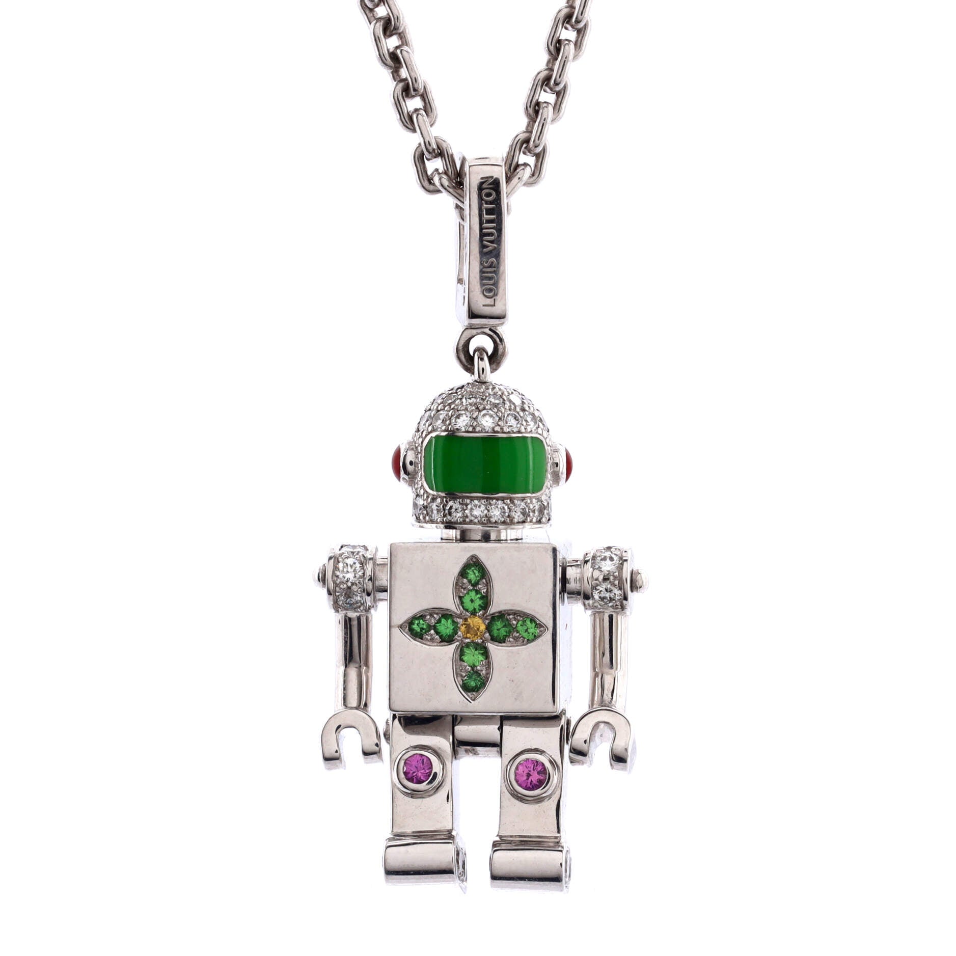 Cosmo Notes Necklace 18K White Gold with Yellow and Pink Sapphires, Tsavorite and Diamonds