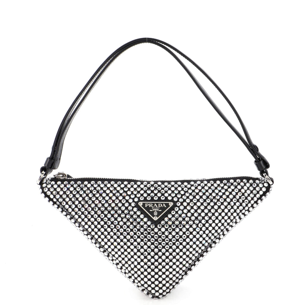 Triangle Top Handle Pouch Bag Crystal Embellished Satin Mini