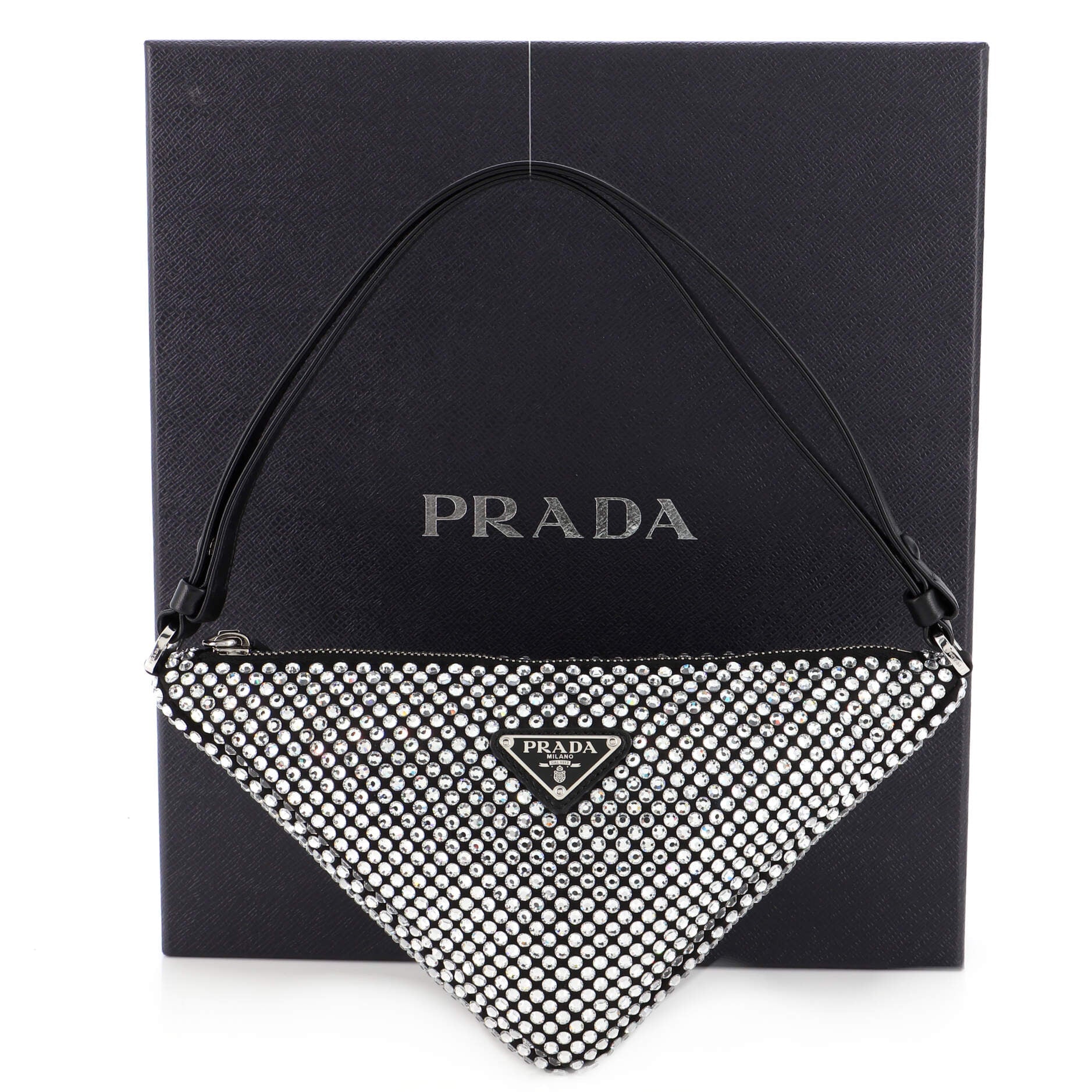 Triangle Top Handle Pouch Bag Crystal Embellished Satin Mini
