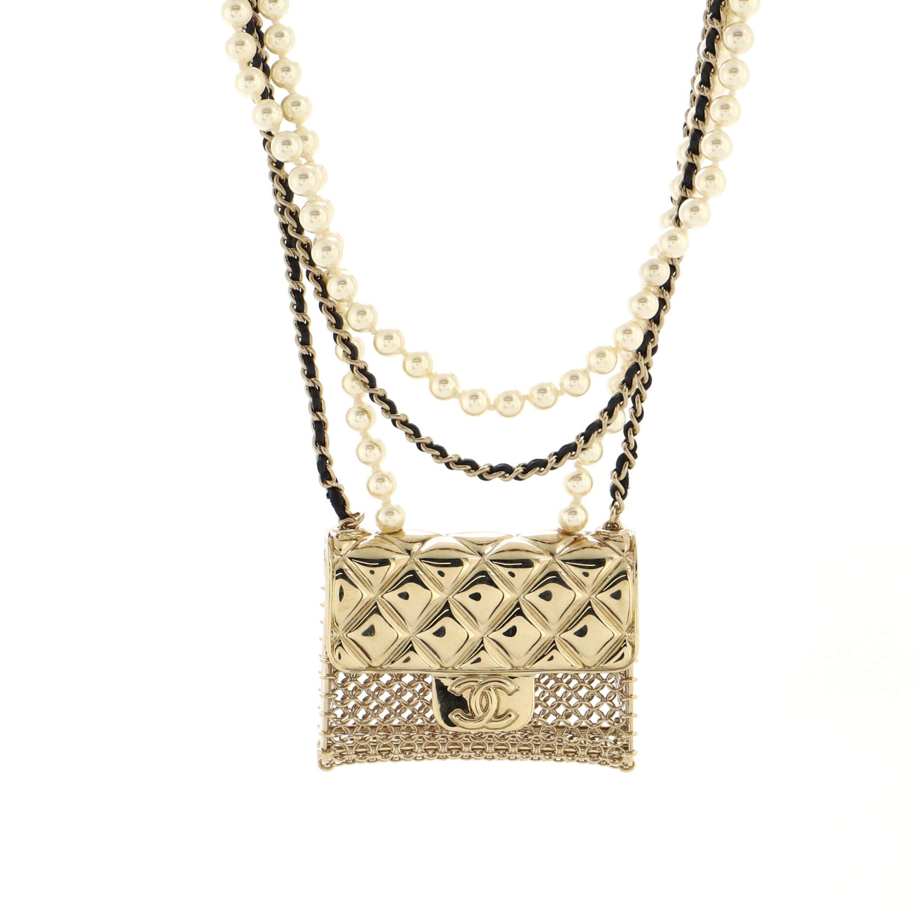 Flap Bag Pendant Long Necklace Quilted Metal with Lambskin and Faux Pearls
