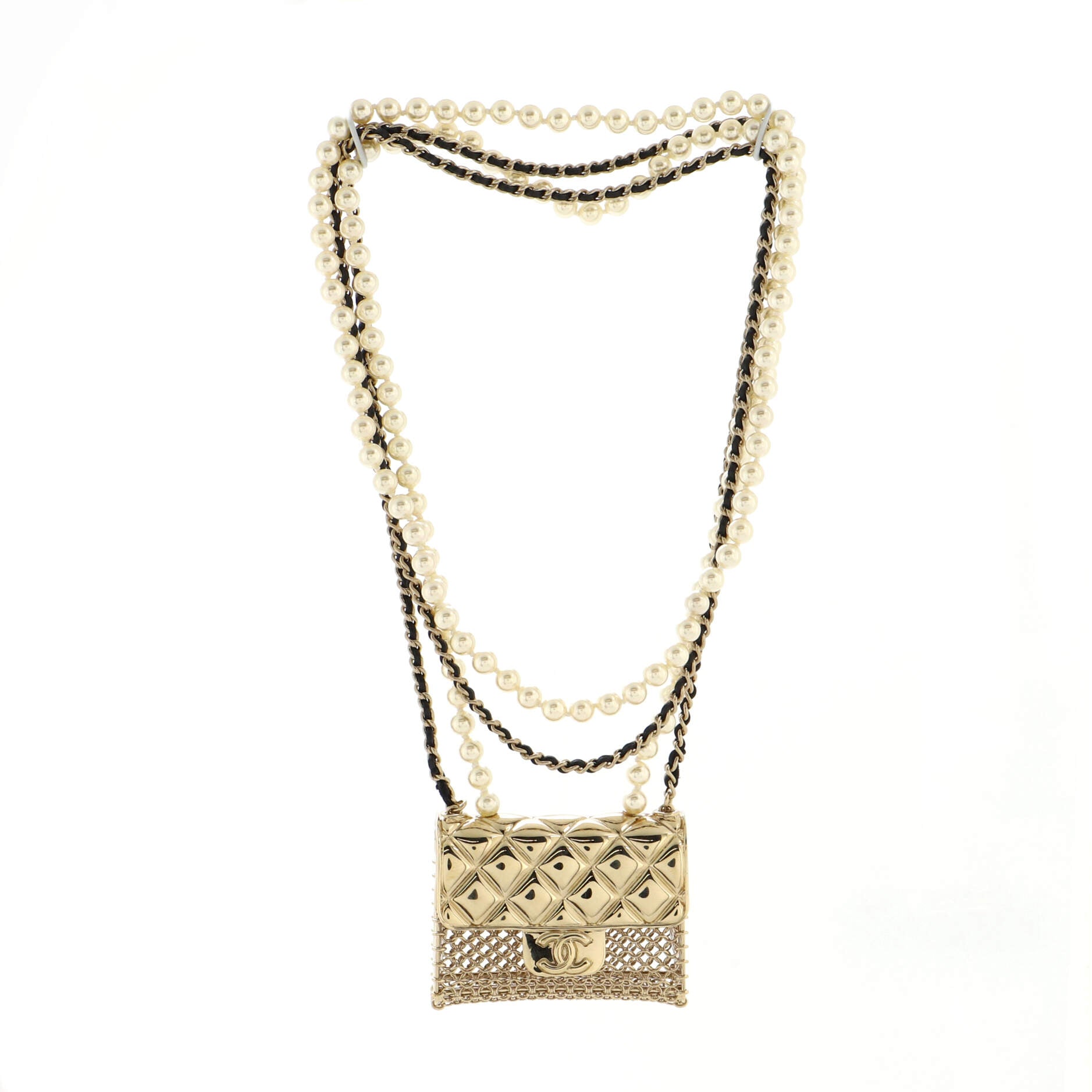 Flap Bag Pendant Long Necklace Quilted Metal with Lambskin and Faux Pearls