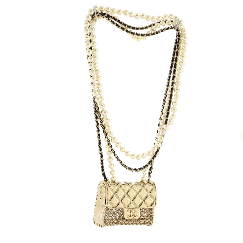 Flap Bag Pendant Long Necklace Quilted Metal with Lambskin and Faux Pearls