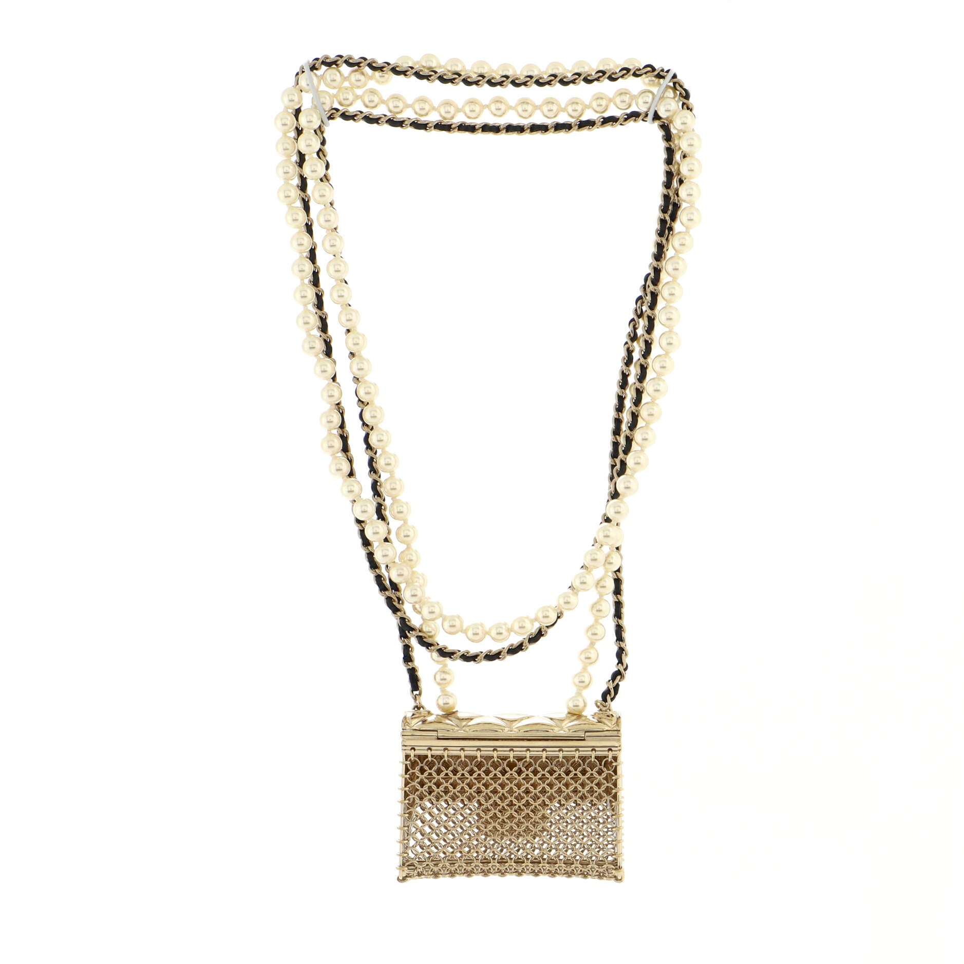 Flap Bag Pendant Long Necklace Quilted Metal with Lambskin and Faux Pearls