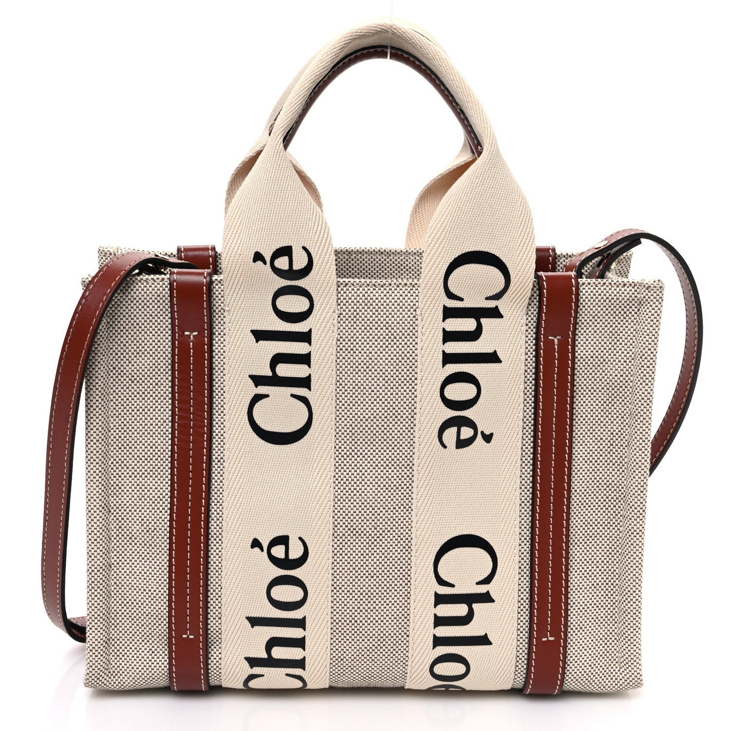 Cotton Calfskin Small Woody Ribbon Tote With Strap White Brown