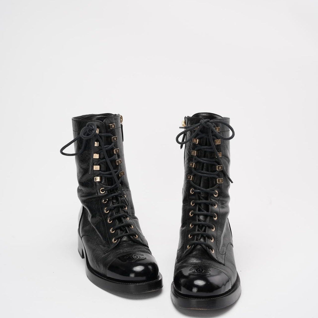 Chanel Black Calfskin Lace Up Combat Boots 39