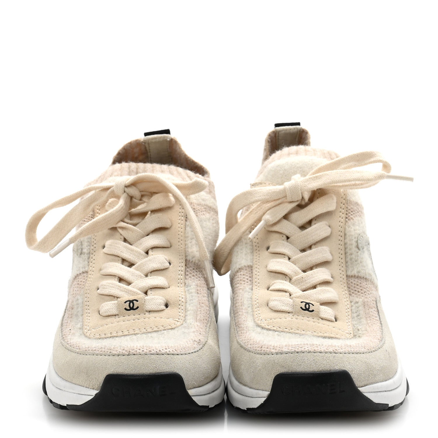 Knit Fabric Suede Calfskin Womens CC Sneakers 37 Ivory