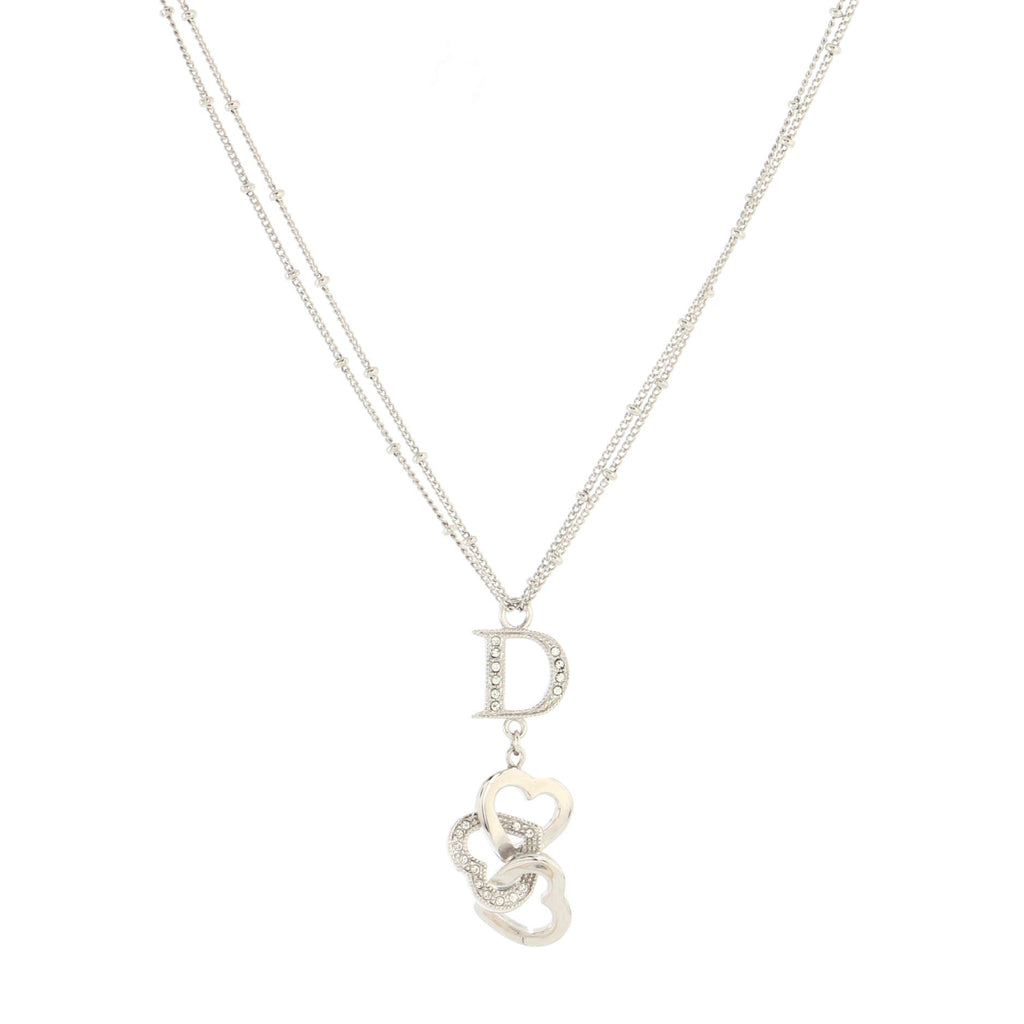 Triple Heart D Pendant Necklace Metal and Crystals