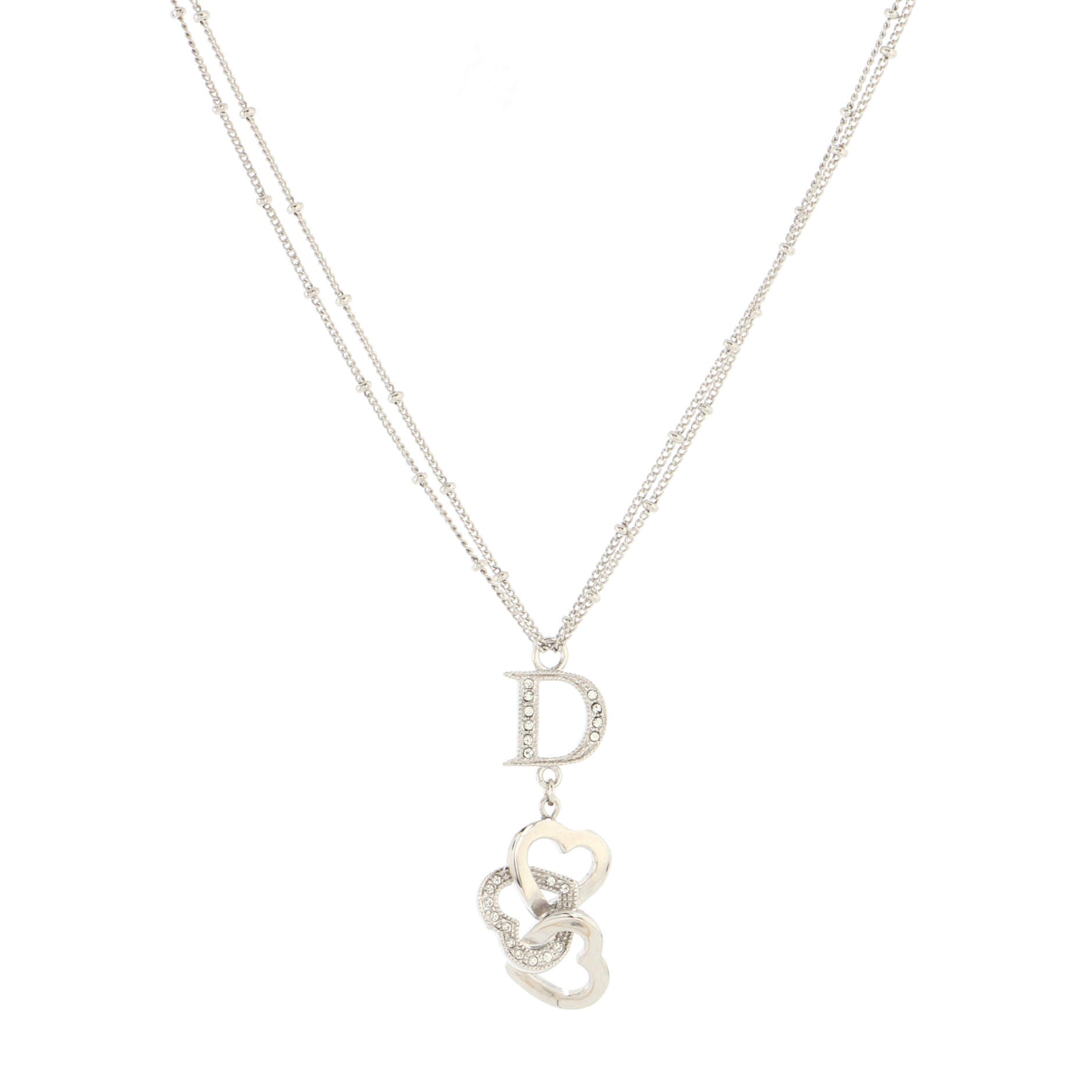 Triple Heart D Pendant Necklace Metal and Crystals