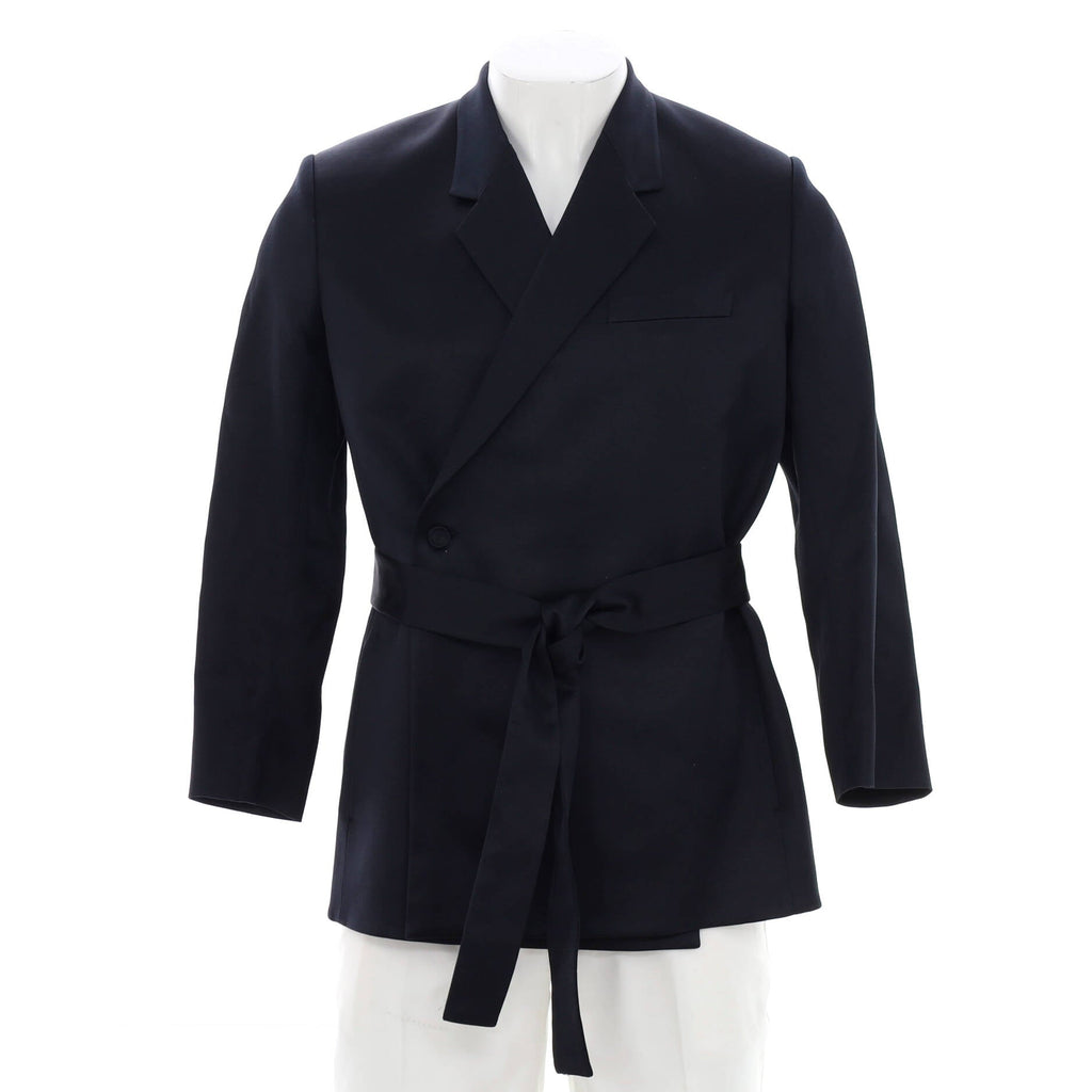 Men's Double Breasted Belted Long Blazer Silk Blend