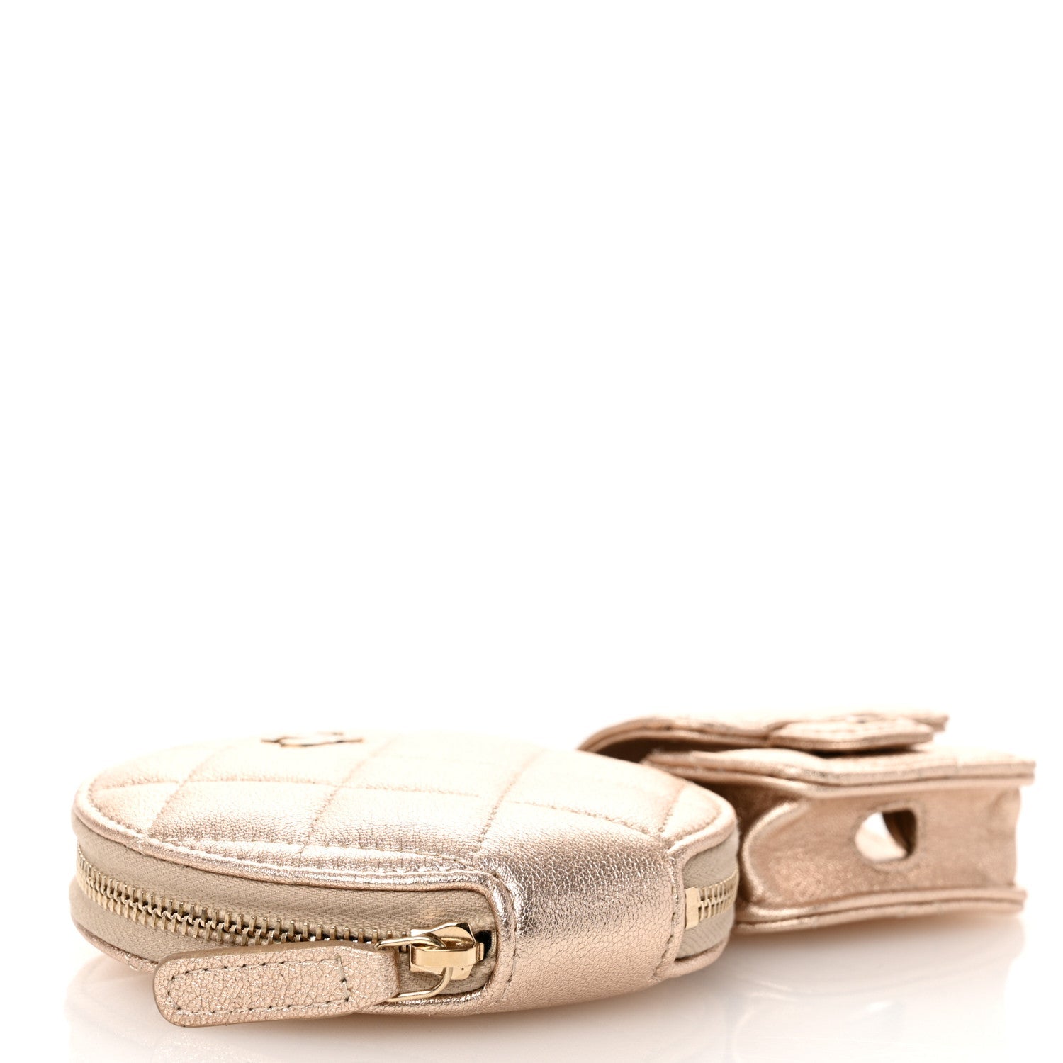 Metallic Lambskin Quilted Round Clip On Coin Purse Airpods Case Gold