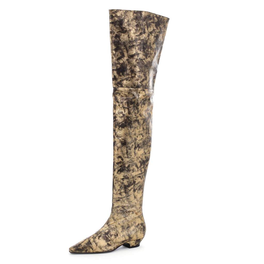 Women's Cap Toe Thigh High Boots Metallic Laminated Goatskin