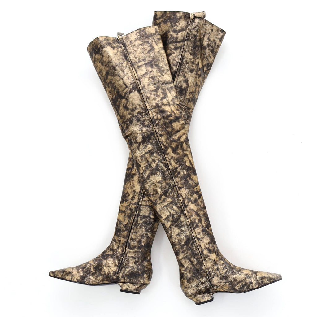 Women's Cap Toe Thigh High Boots Metallic Laminated Goatskin