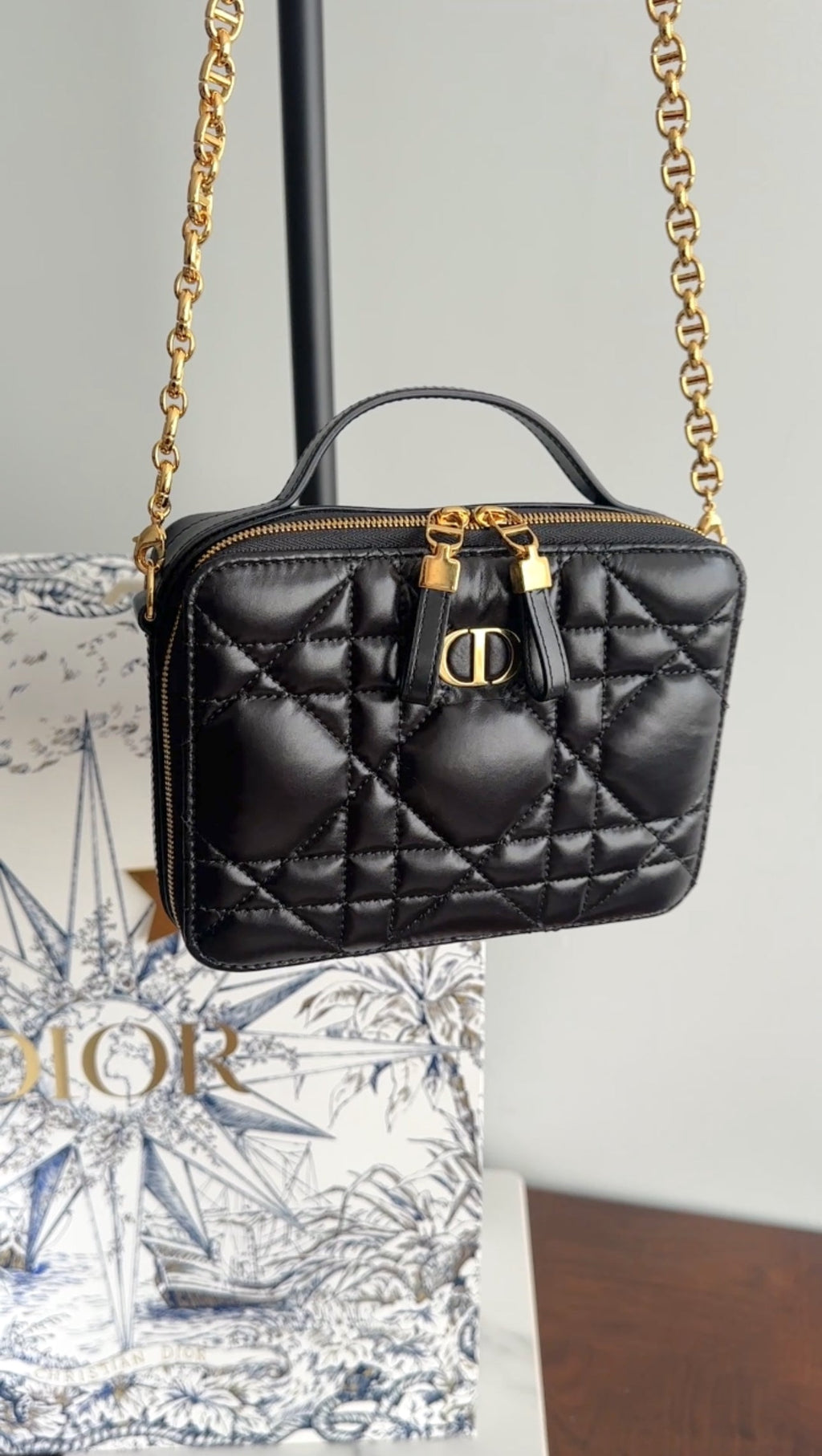 Dior Black Calfskin Cannage Box Caro Pouch Crossbody Zip Bag