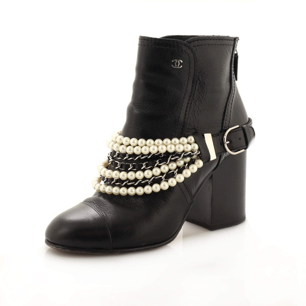 Women's Pearl Chain Strap Ankle Boots Leather