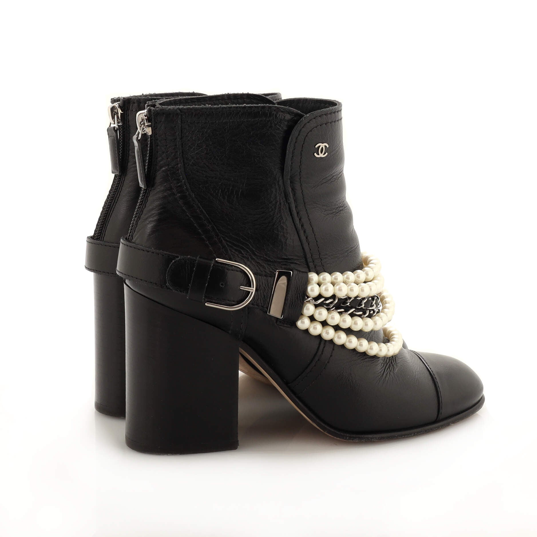 Women's Pearl Chain Strap Ankle Boots Leather