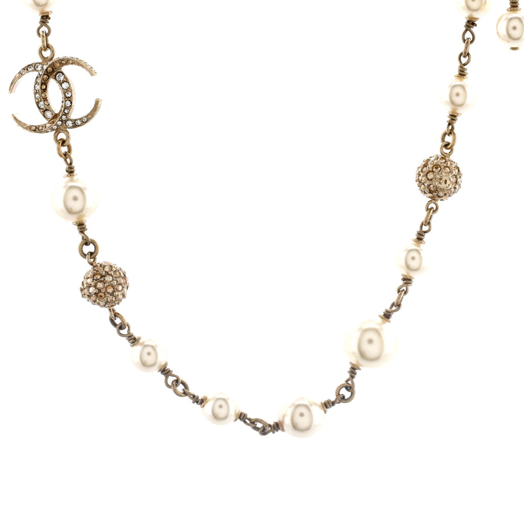 Dubai Moon Long Necklace Faux Pearls and Crystal Embellished Metal