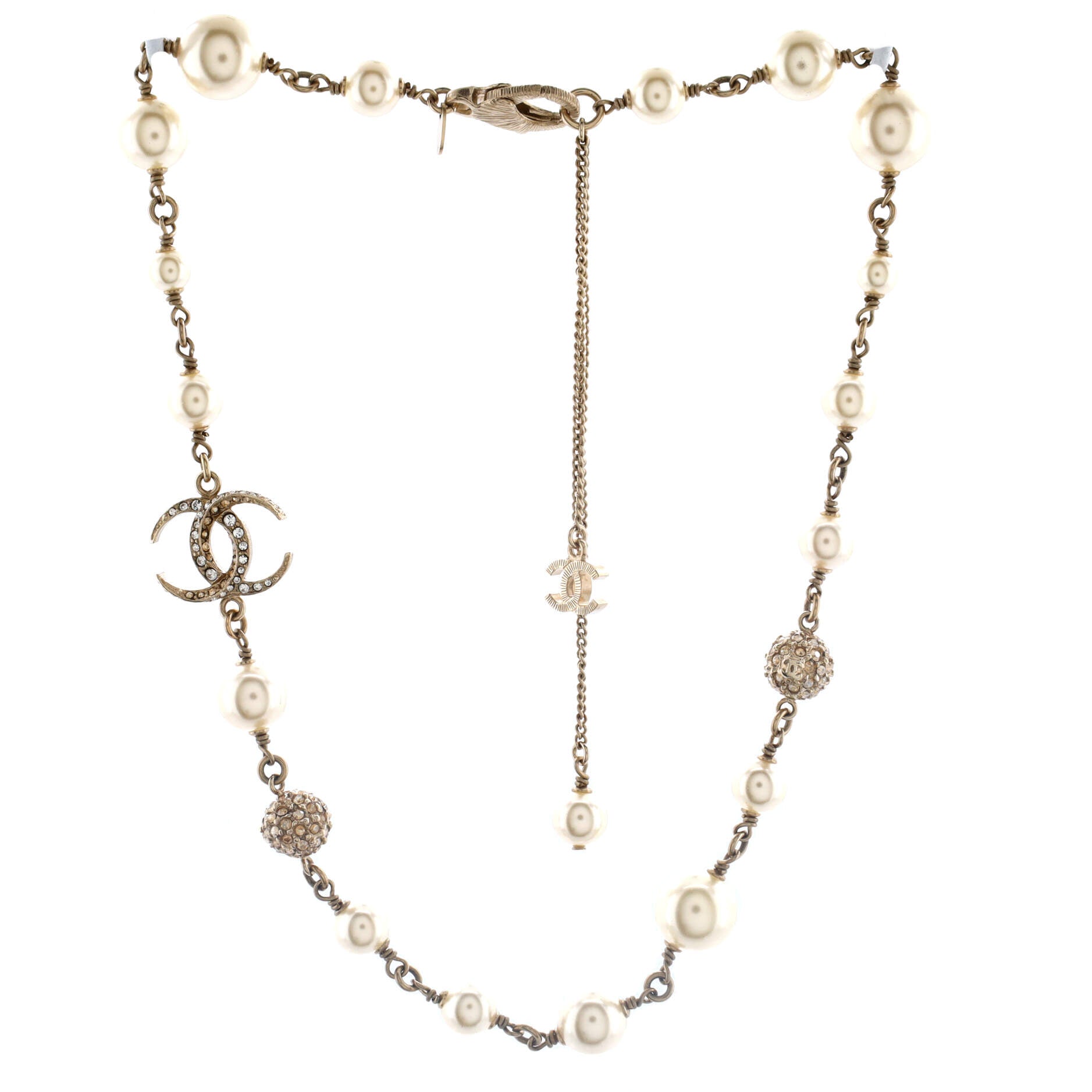 Dubai Moon Long Necklace Faux Pearls and Crystal Embellished Metal