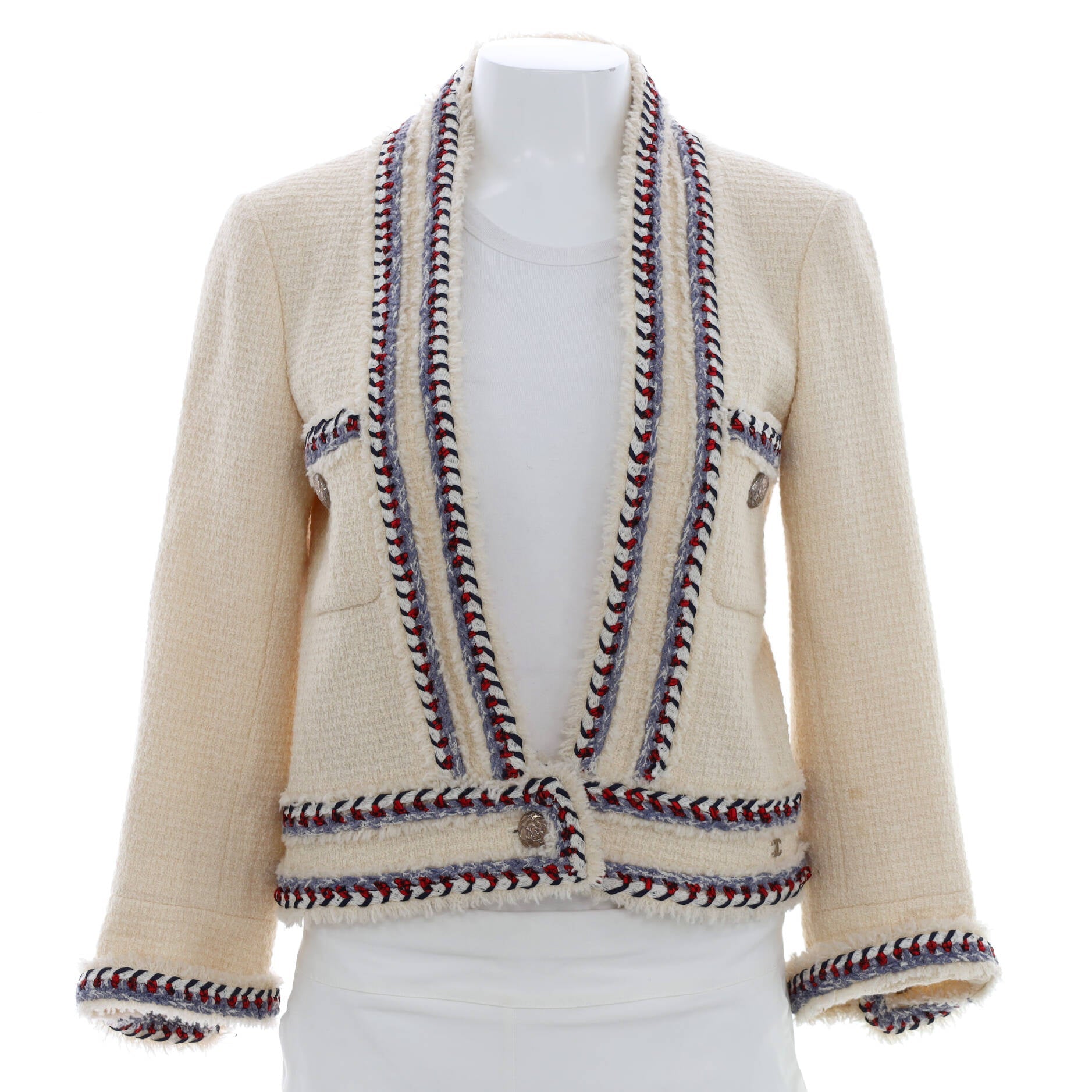 Women's Braided Trim Single Button Jacket Tweed
