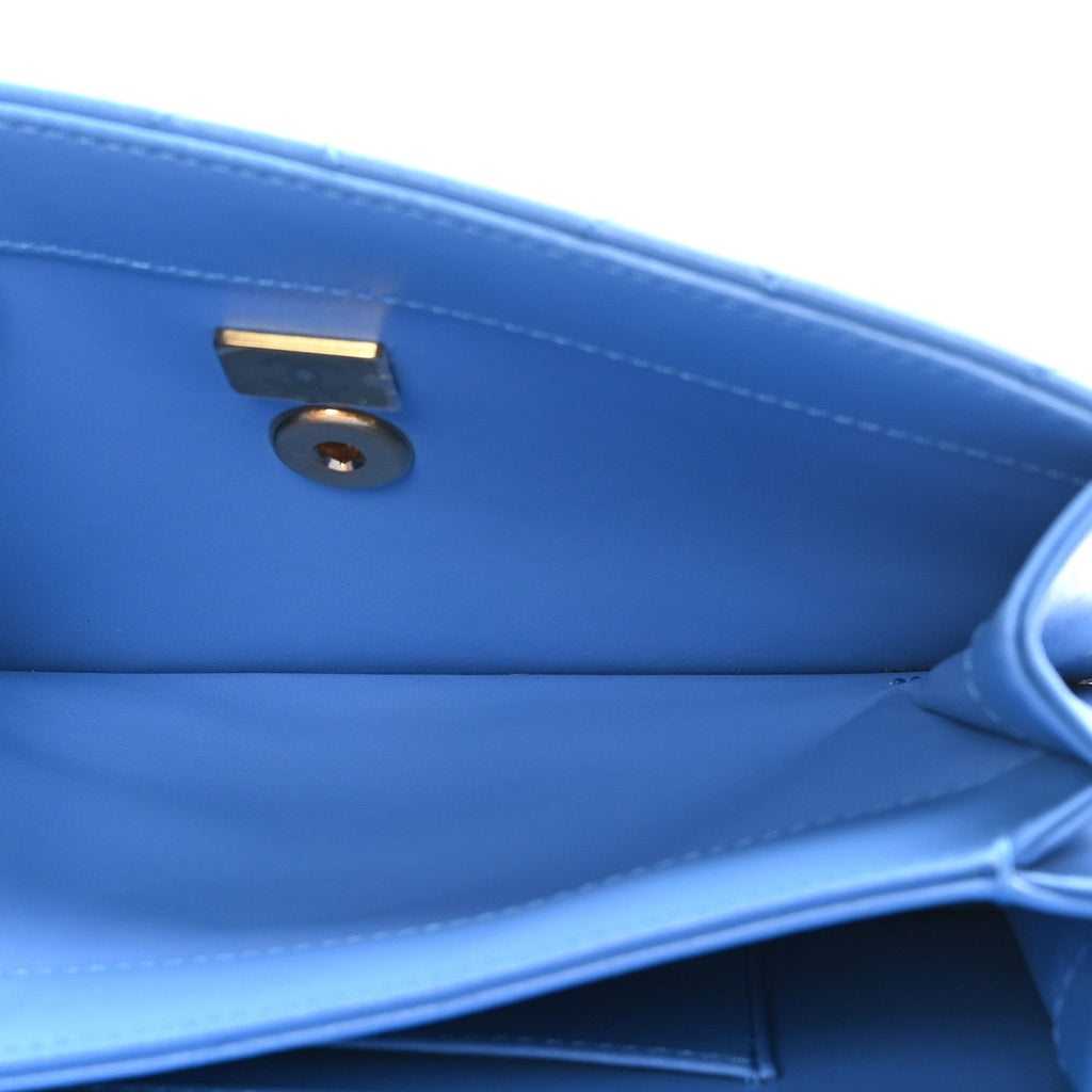 Lambskin Quilted Chain Logo Top Handle Flap Blue