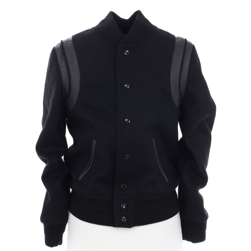 Women's Classic Teddy Bomber Jacket Wool Blend with Leather