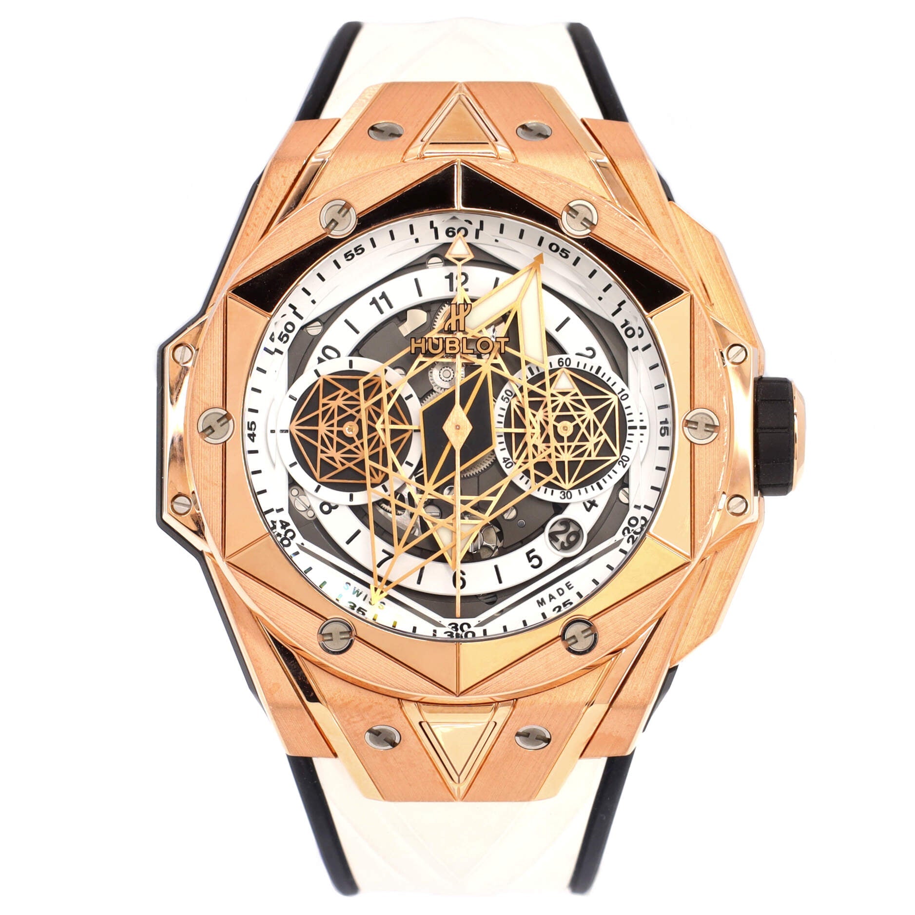 Big Bang Sang Bleu II Chronograph Skeleton Automatic Watch Yellow Gold and Rubber 45