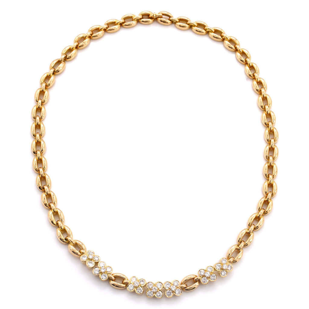 Flower Chain Link Necklace 18K Yellow Gold with Diamonds