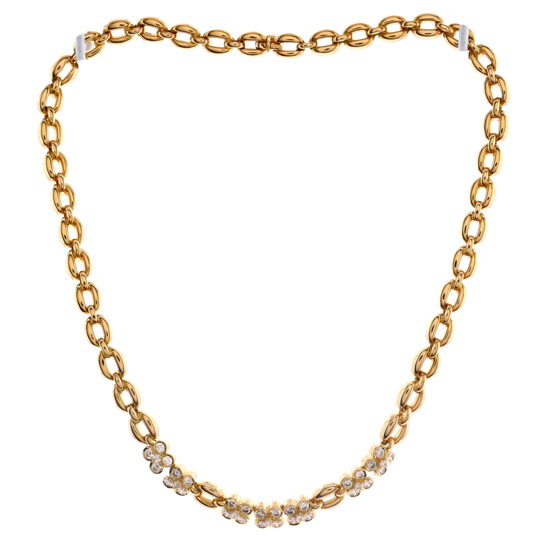 Flower Chain Link Necklace 18K Yellow Gold with Diamonds