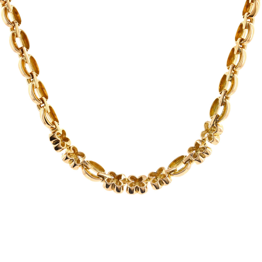 Flower Chain Link Necklace 18K Yellow Gold with Diamonds