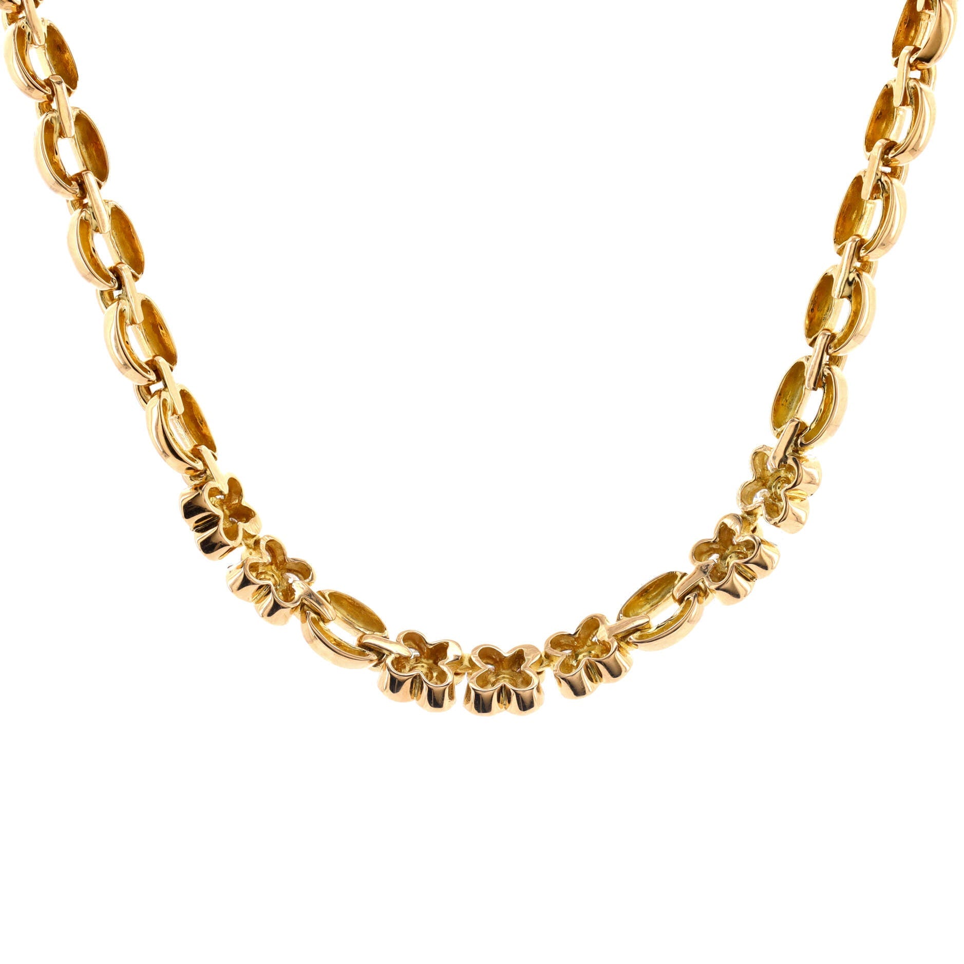 Flower Chain Link Necklace 18K Yellow Gold with Diamonds