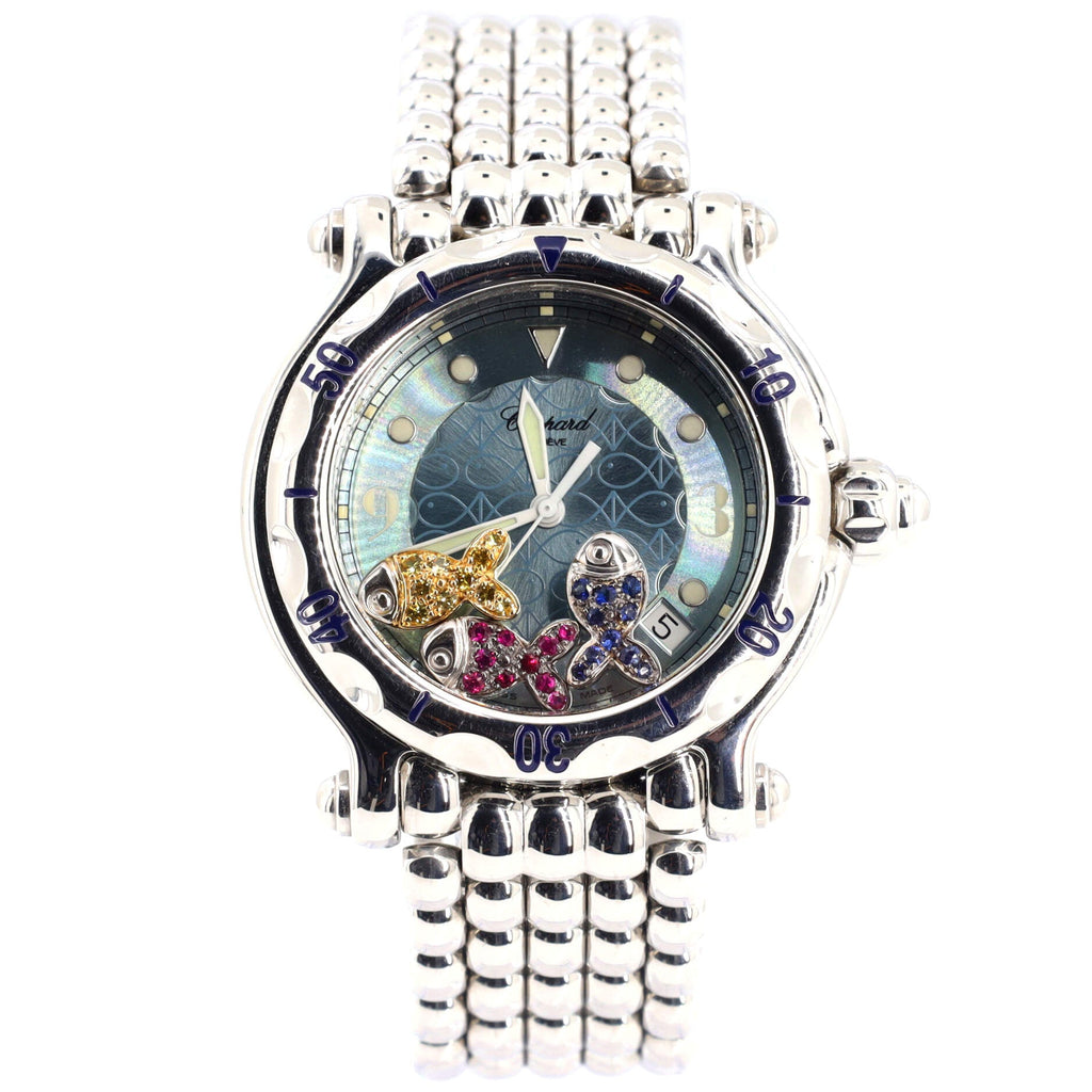 Happy Sport Fish Round Quartz Watch Stainless Steel with Floating Rubies and Sapphires 38