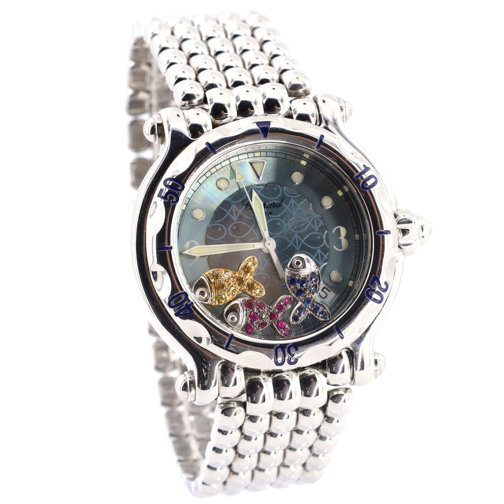 Happy Sport Fish Round Quartz Watch Stainless Steel with Floating Rubies and Sapphires 38