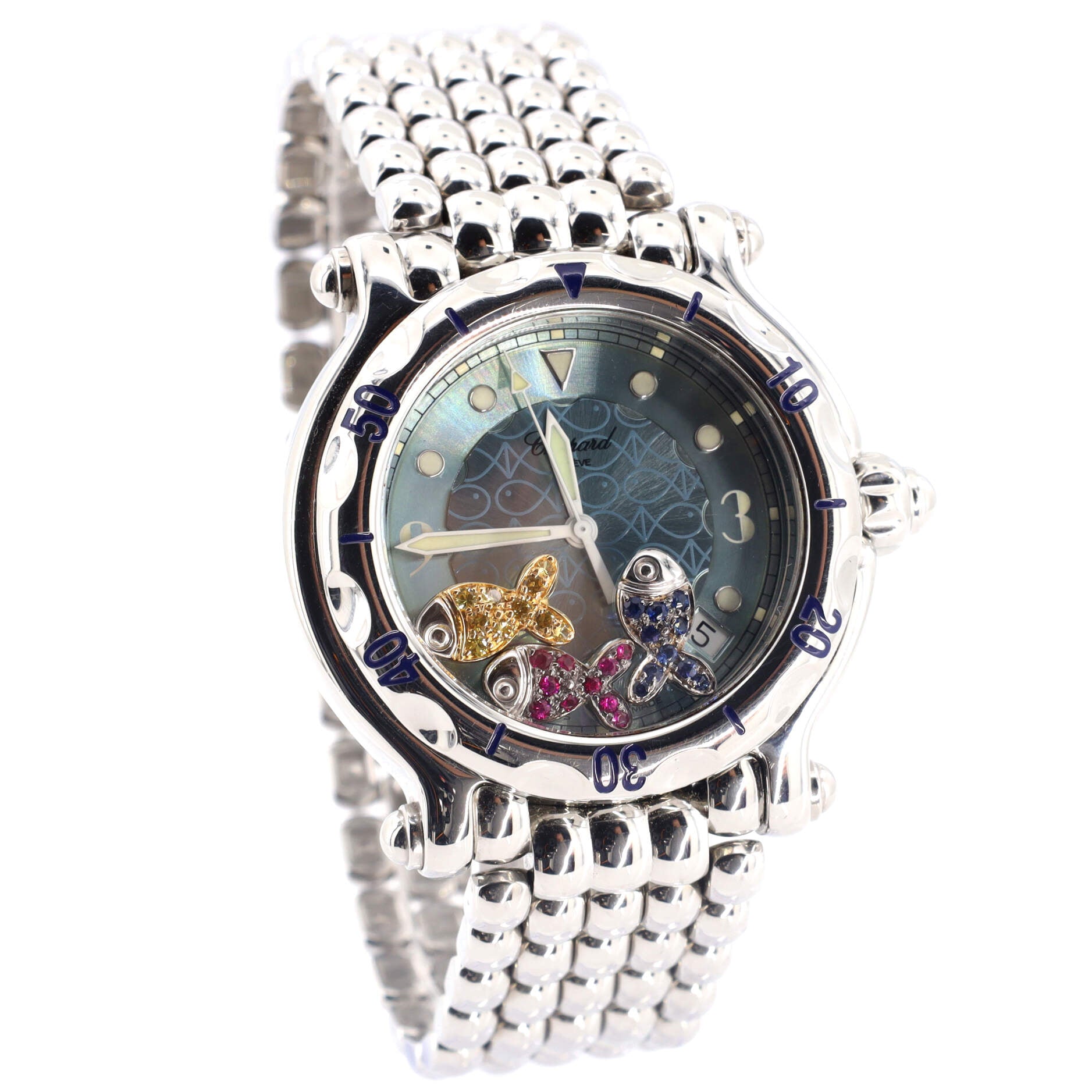 Happy Sport Fish Round Quartz Watch Stainless Steel with Floating Rubies and Sapphires 38