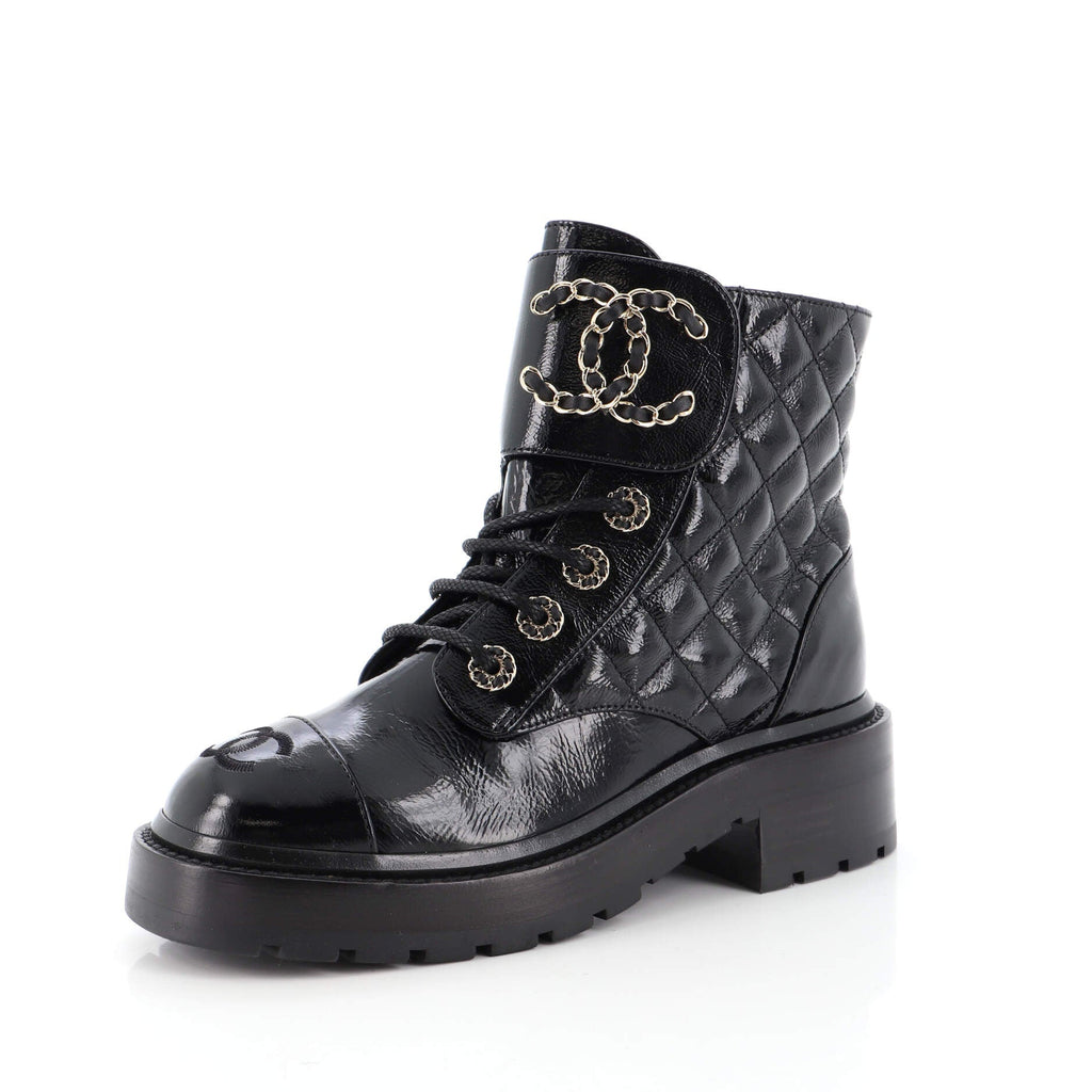 Women's Chain CC Cap Toe Lace Up Combat Boots Quilted Shiny Calfskin