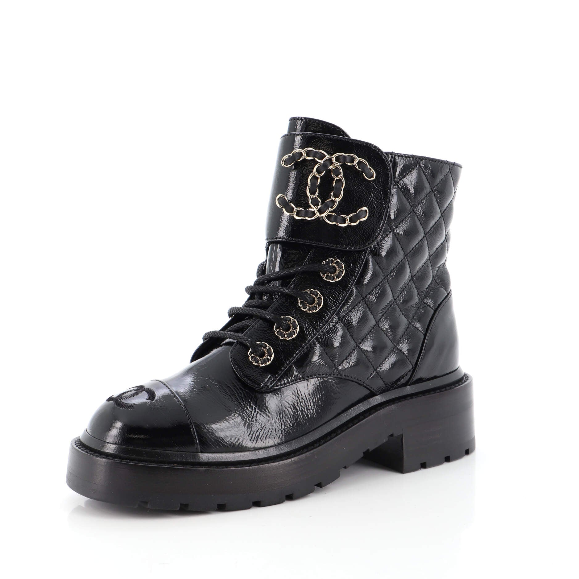 Women's Chain CC Cap Toe Lace Up Combat Boots Quilted Shiny Calfskin