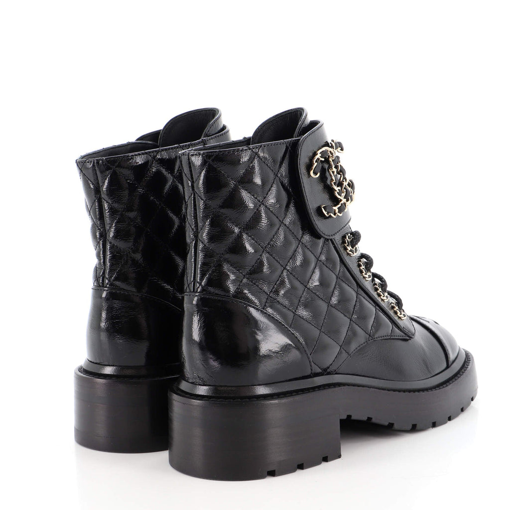 Women's Chain CC Cap Toe Lace Up Combat Boots Quilted Shiny Calfskin