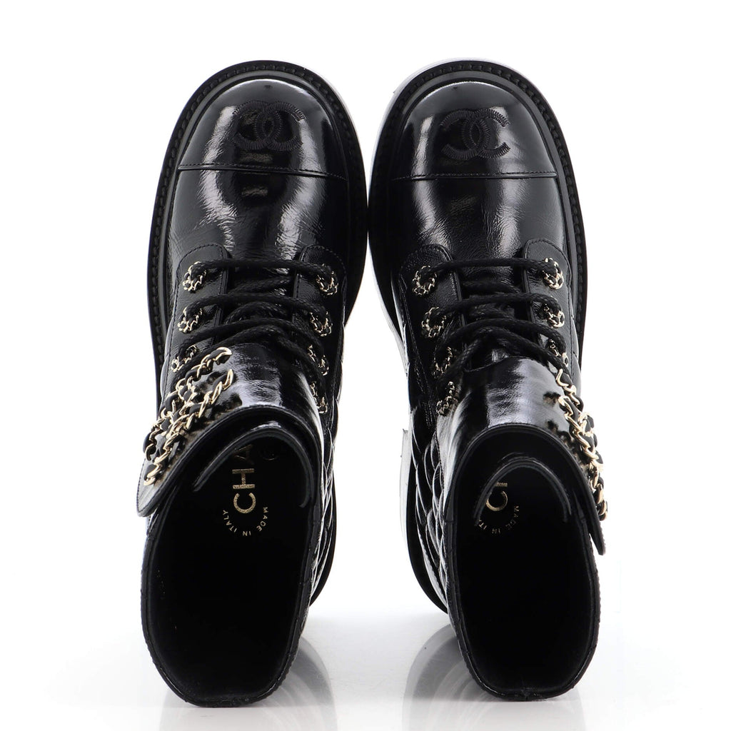 Women's Chain CC Cap Toe Lace Up Combat Boots Quilted Shiny Calfskin