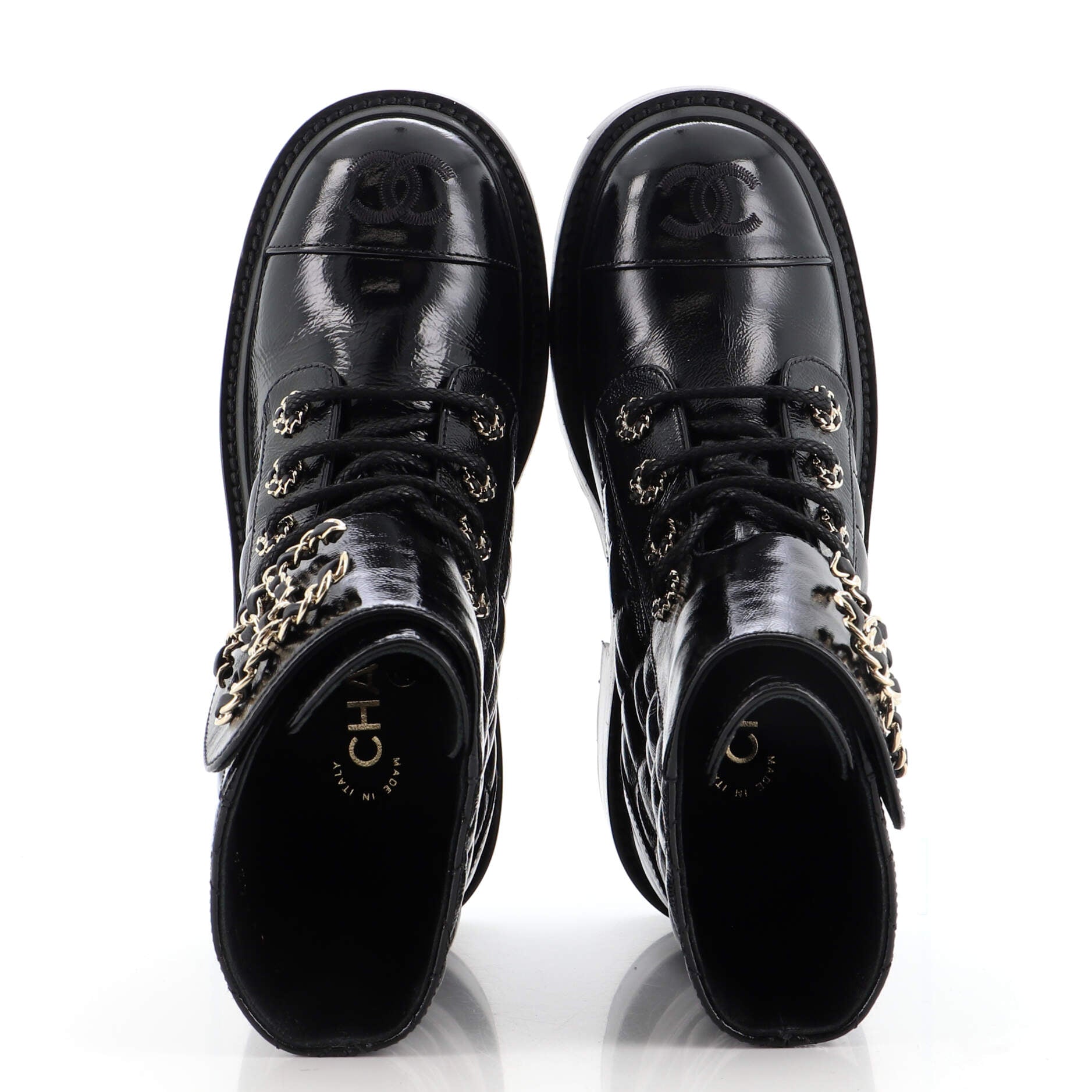 Women's Chain CC Cap Toe Lace Up Combat Boots Quilted Shiny Calfskin