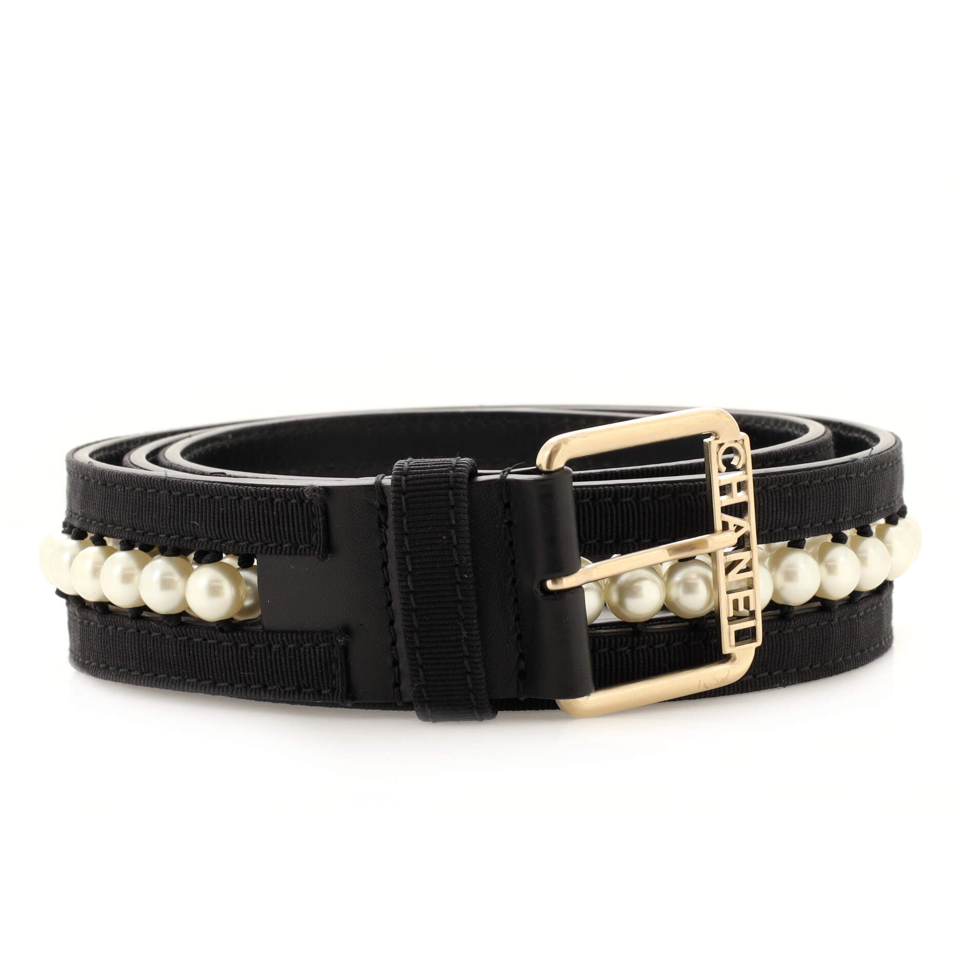 Logo Buckle Belt Leather with Grosgrain and Faux Pearls 95