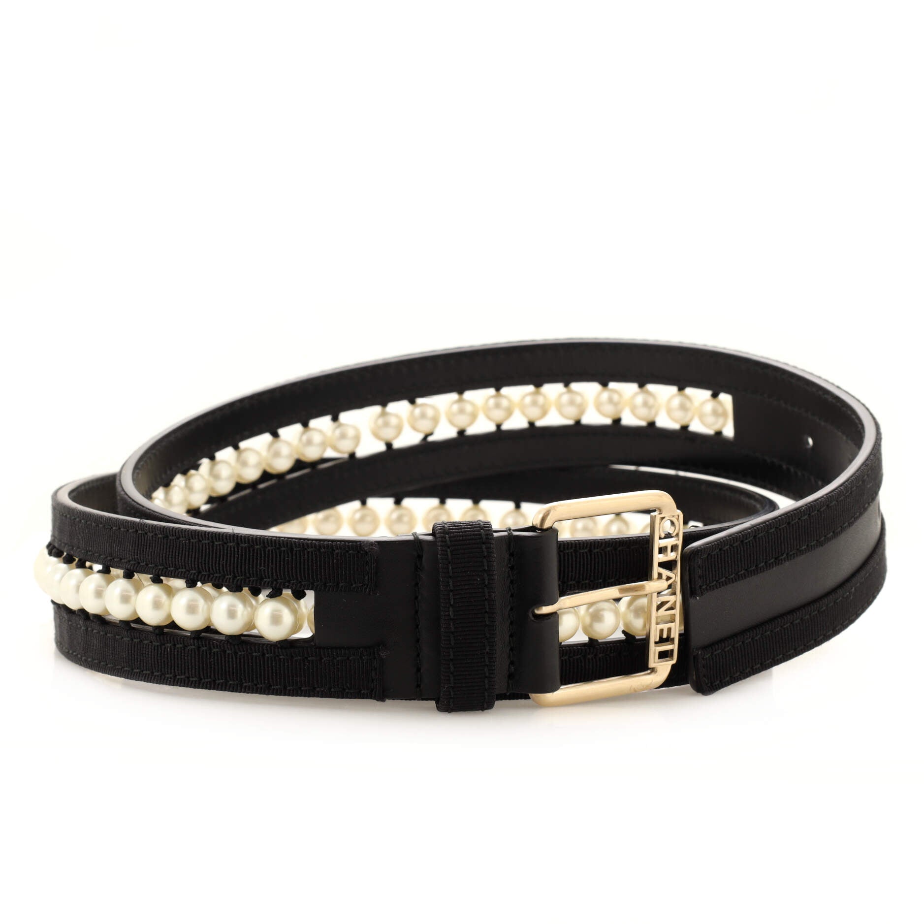 Logo Buckle Belt Leather with Grosgrain and Faux Pearls 95