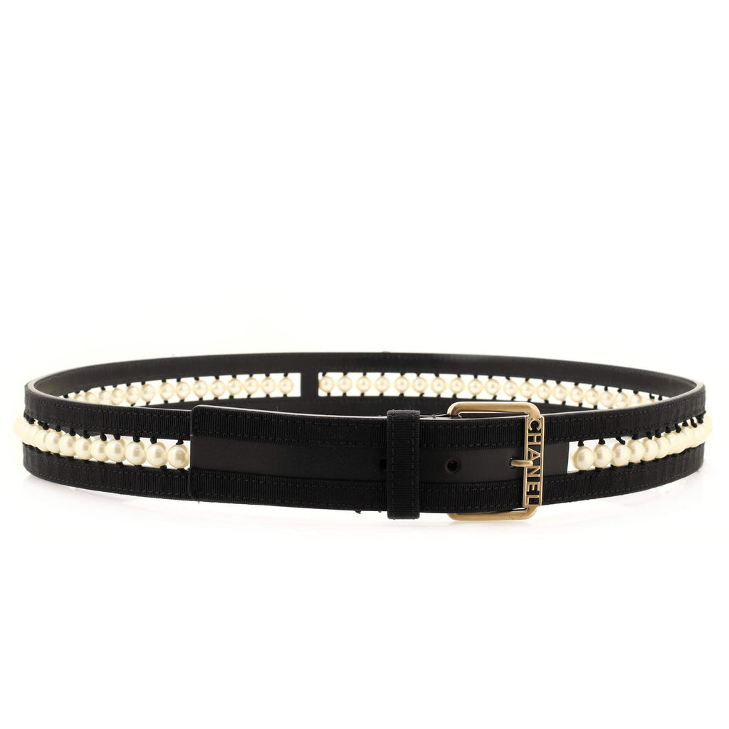 Logo Buckle Belt Leather with Grosgrain and Faux Pearls 95