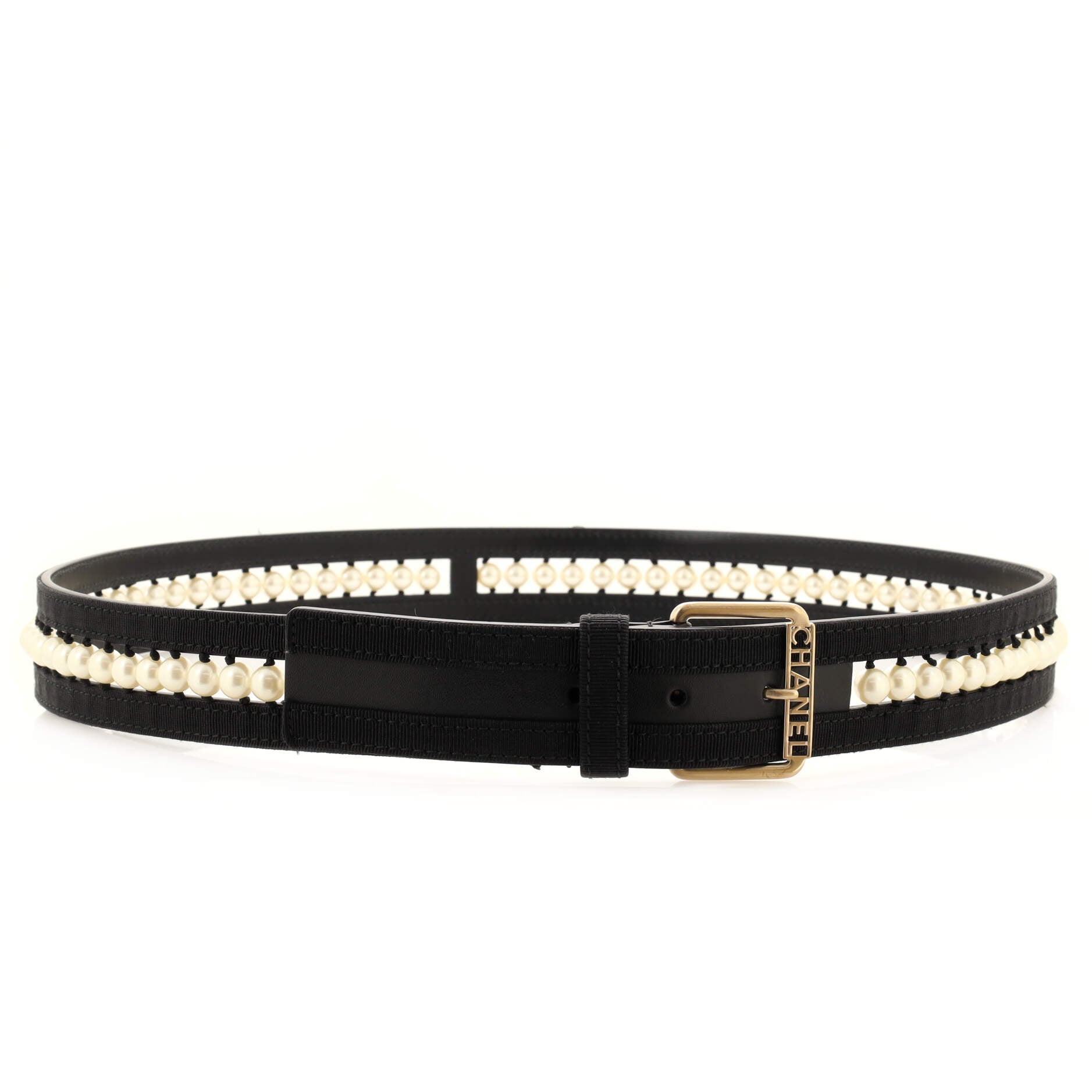 Logo Buckle Belt Leather with Grosgrain and Faux Pearls 95