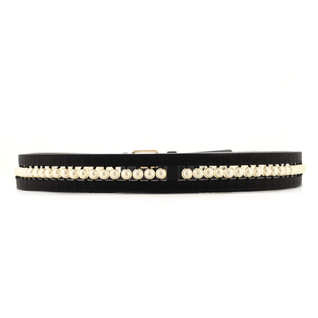 Logo Buckle Belt Leather with Grosgrain and Faux Pearls 95