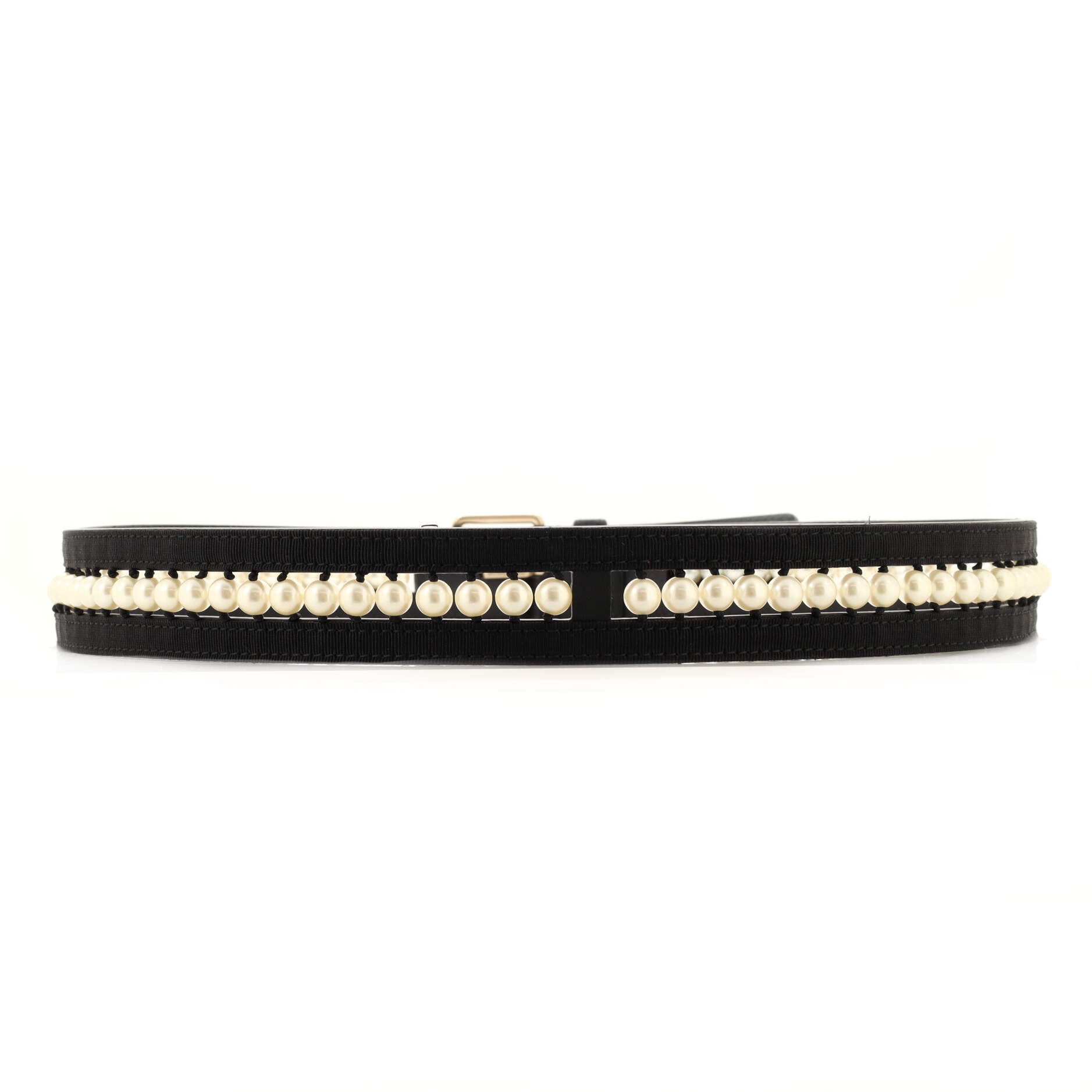 Logo Buckle Belt Leather with Grosgrain and Faux Pearls 95