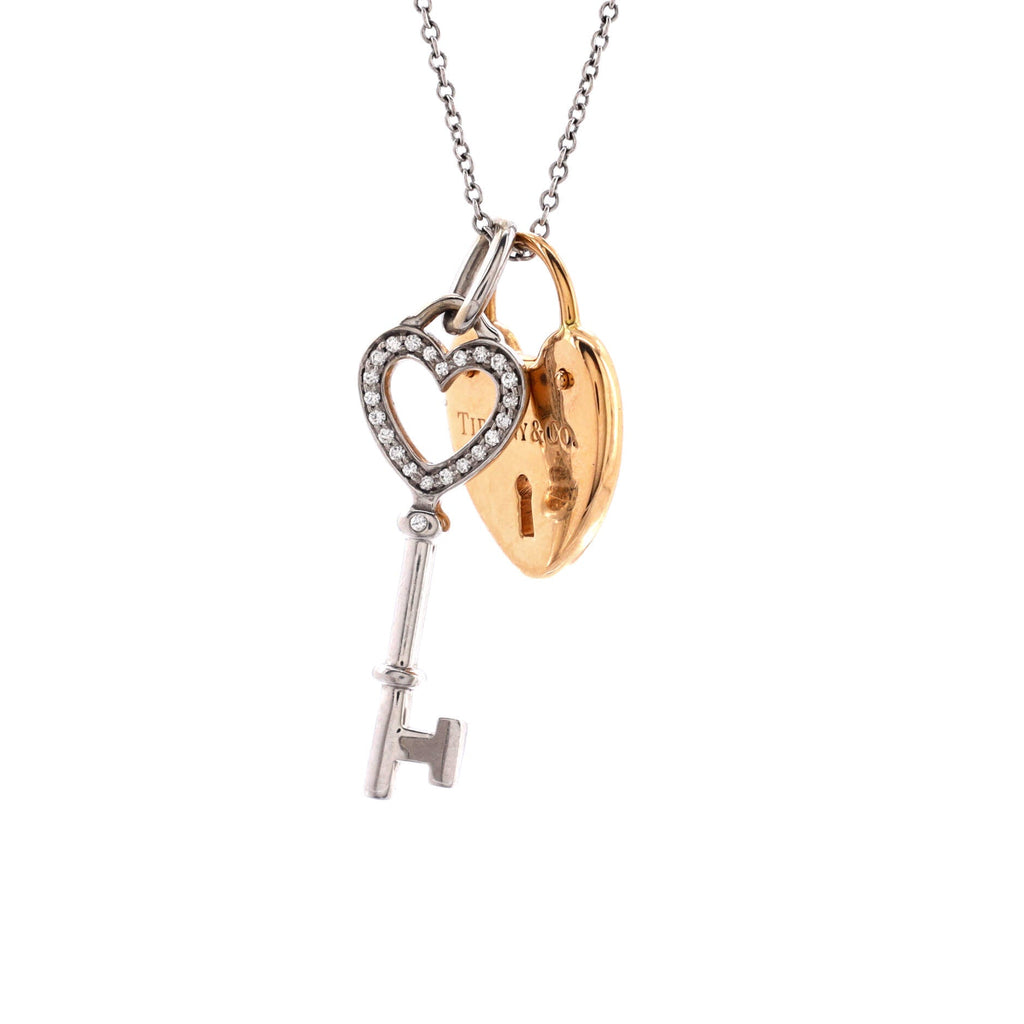 Heart Key Pendant and Lock Necklace 18K White Gold with 18K Rose Gold with Diamonds Medium