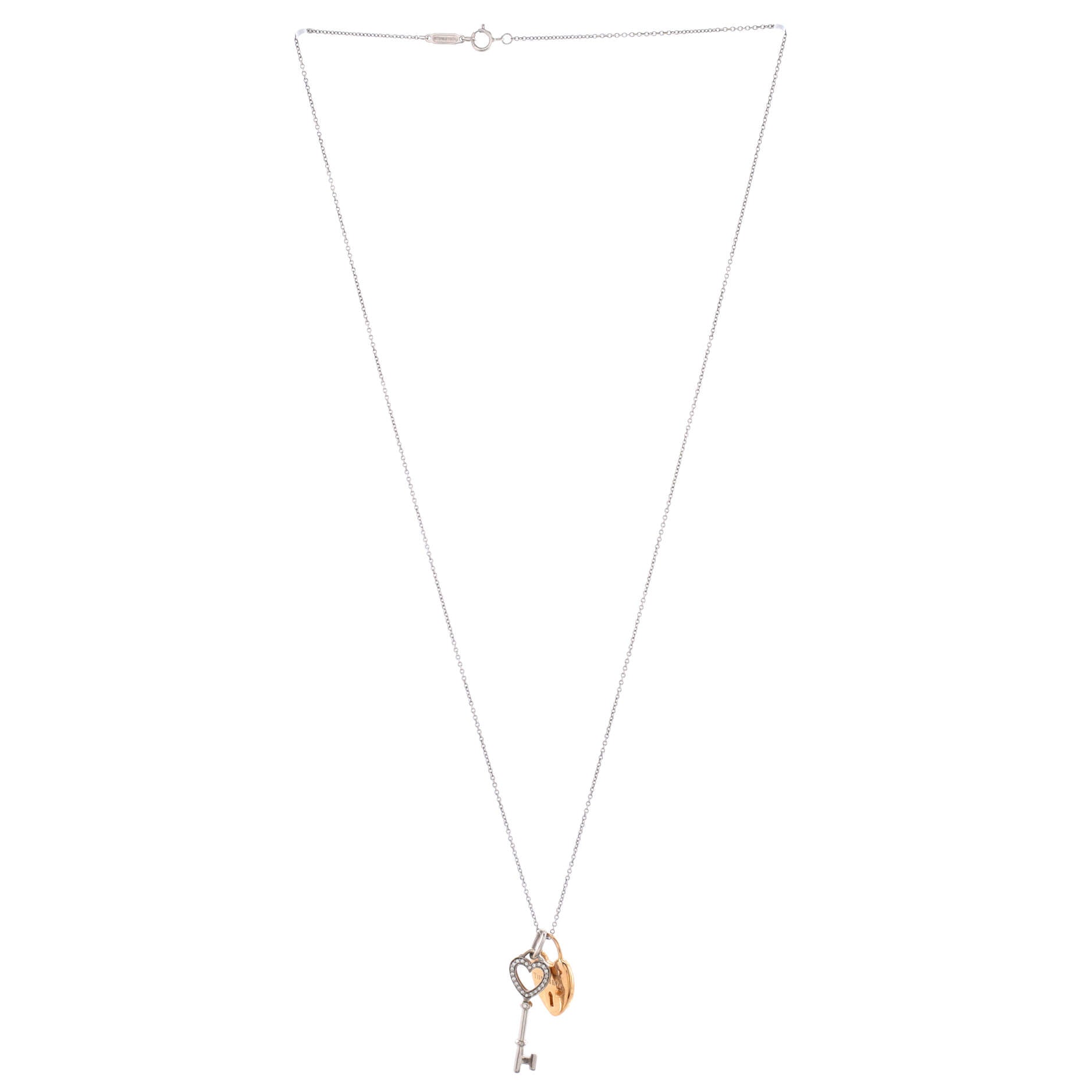 Heart Key Pendant and Lock Necklace 18K White Gold with 18K Rose Gold with Diamonds Medium