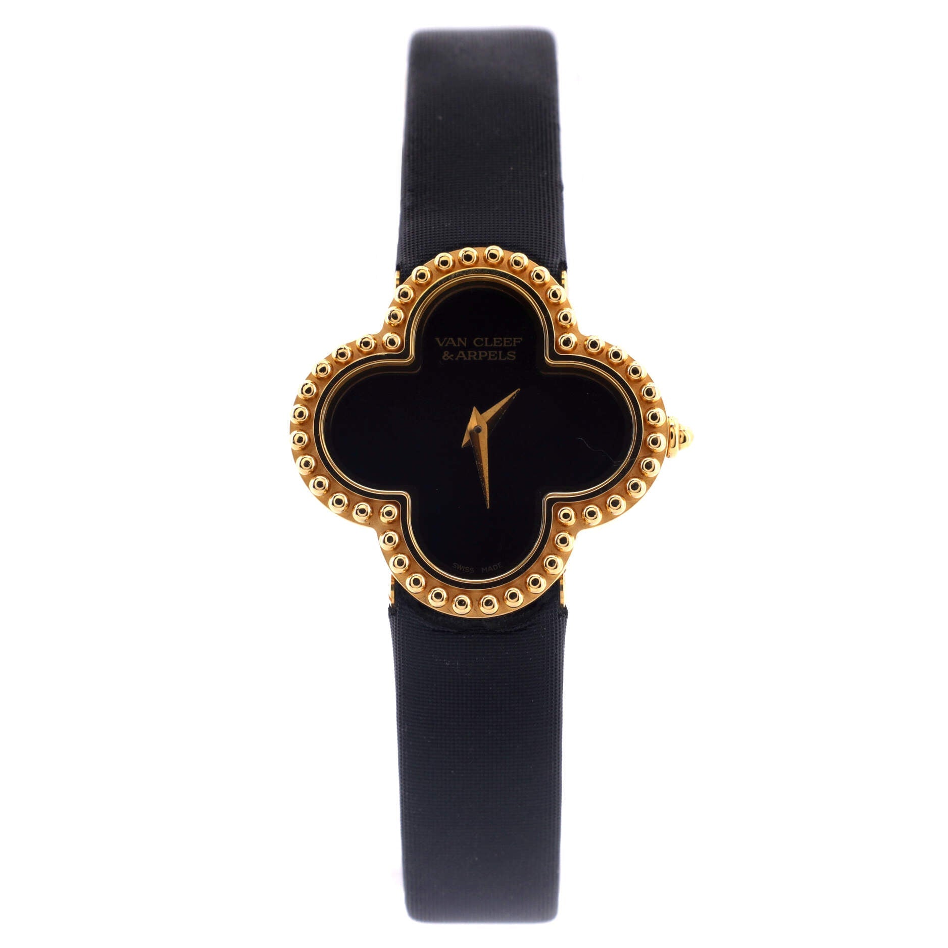 Alhambra Quartz Watch Yellow Gold and Satin with Onyx 26