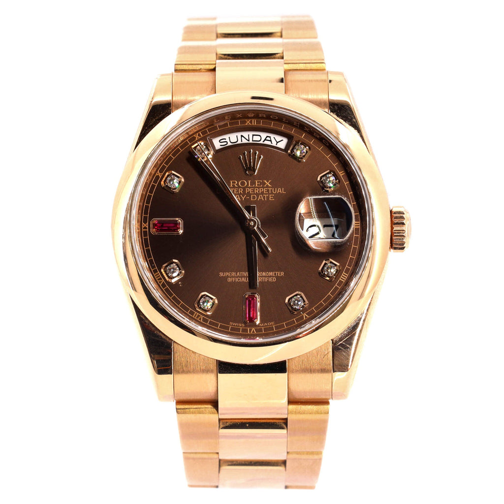 Oyster Perpetual President Day-Date Automatic Watch Rose Gold with Round Diamonds and Baguette Ruby Markers 36
