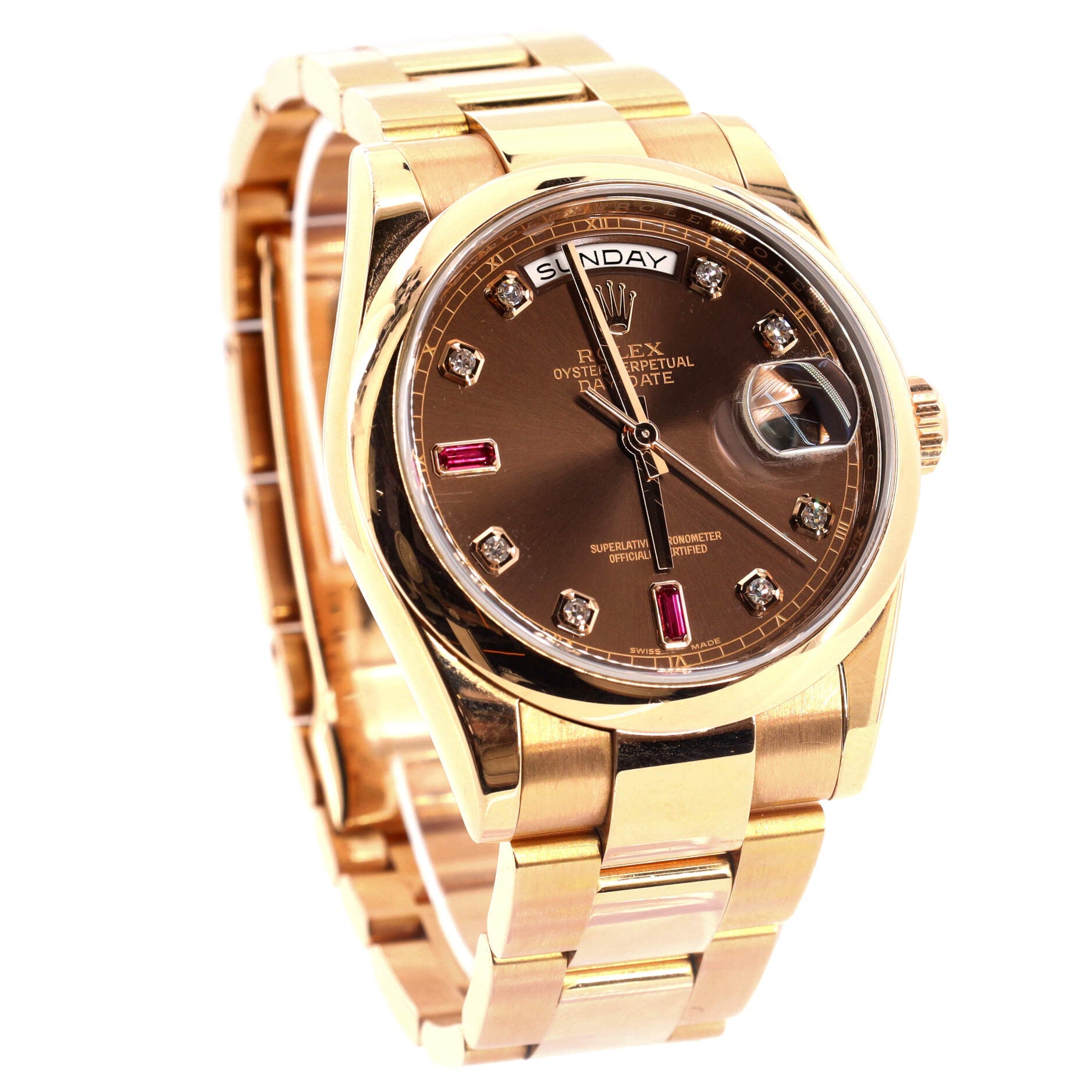 Oyster Perpetual President Day-Date Automatic Watch Rose Gold with Round Diamonds and Baguette Ruby Markers 36