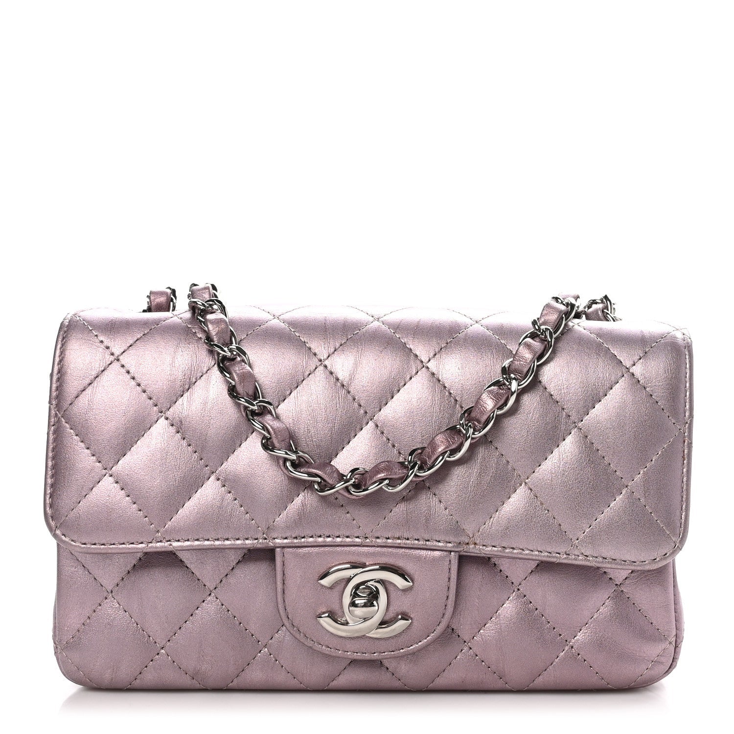 Metallic Calfskin Quilted Mini Rectangular Flap Pink