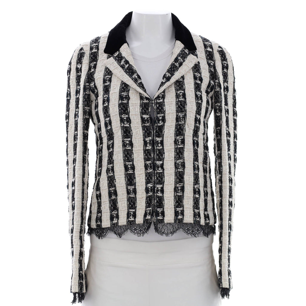 Women's Striped Collar Jacket Tweed with Scalloped Lace Detail